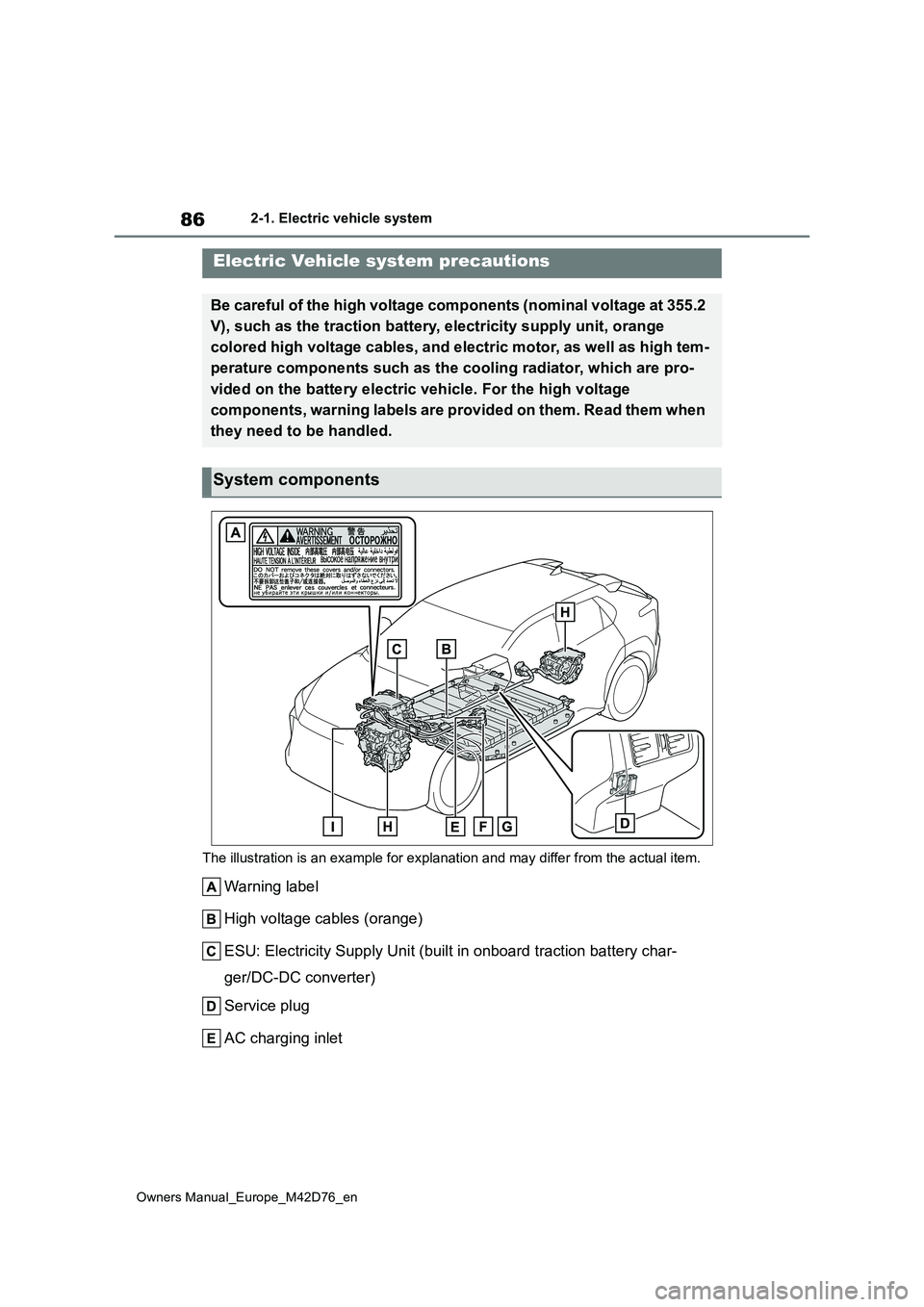 TOYOTA BZ4X 2022 (in English) Manual Online 86
Owners Manual_Europe_M42D76_en
2-1. Electric vehicle system
The illustration is an example for explanation and may differ f rom the actual item.
Warning label
High voltage cables (orange)
ESU: E TOYOTA BZ4X 2022 (in English) Manual Online 86
Owners Manual_Europe_M42D76_en
2-1. Electric vehicle system
The illustration is an example for explanation and may differ f rom the actual item.
Warning label
High voltage cables (orange)
ESU: E
