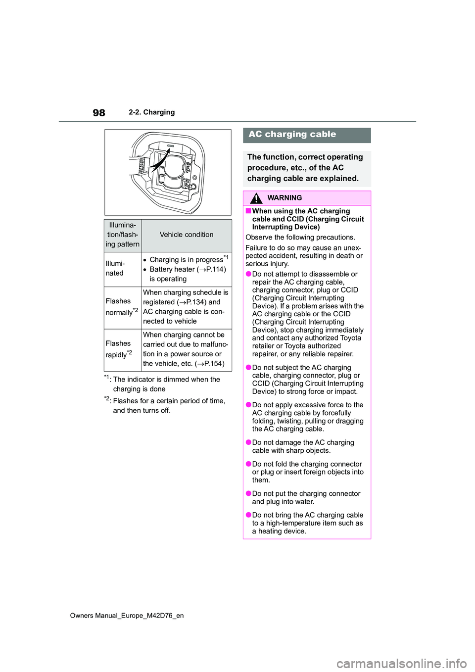 TOYOTA BZ4X 2022  Owners Manual (in English) 98
Owners Manual_Europe_M42D76_en
2-2. Charging
*1: The indicator is dimmed when the  
charging is done
*2: Flashes for a certain period of time, 
and then turns off.
Illumina-
tion/flash-
ing pattern