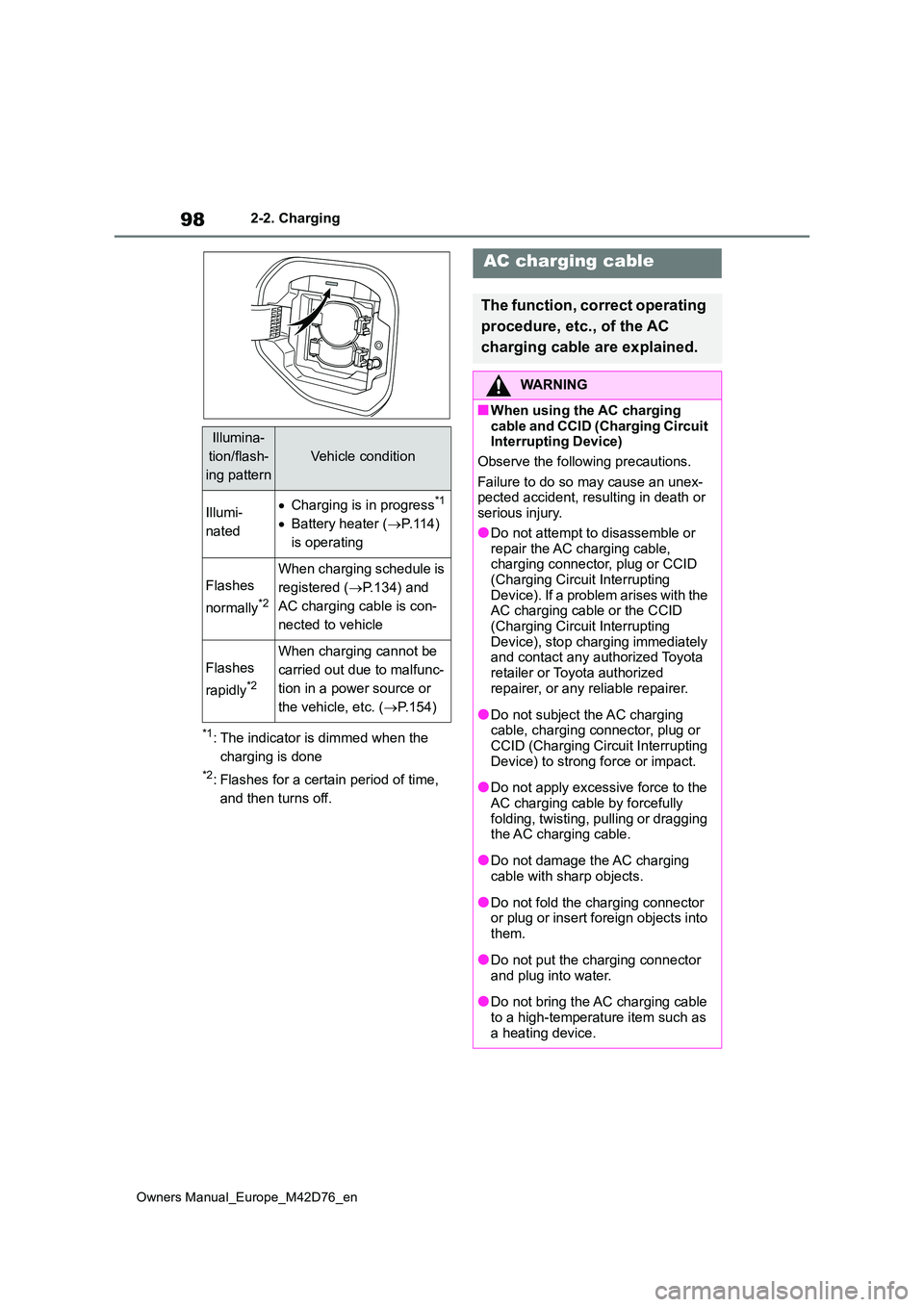TOYOTA BZ4X 2022 Owners Manual (in English) 98
Owners Manual_Europe_M42D76_en
2-2. Charging
*1: The indicator is dimmed when the
charging is done
*2: Flashes for a certain period of time,
and then turns off.
Illumina-
tion/flash-
ing pattern TOYOTA BZ4X 2022 Owners Manual (in English) 98
Owners Manual_Europe_M42D76_en
2-2. Charging
*1: The indicator is dimmed when the
charging is done
*2: Flashes for a certain period of time,
and then turns off.
Illumina-
tion/flash-
ing pattern