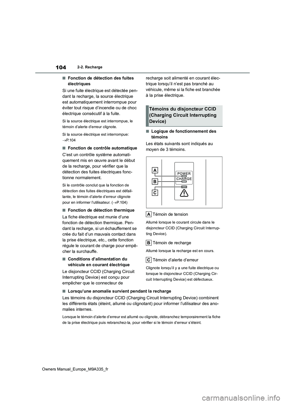 TOYOTA BZ4X 2022  Notices Demploi (in French) 104
Owners Manual_Europe_M9A335_fr
2-2. Recharge
■Fonction de détection des fuites  
électriques 
Si une fuite électrique est détectée pen- 
dant la recharge, la source électrique 
est automat