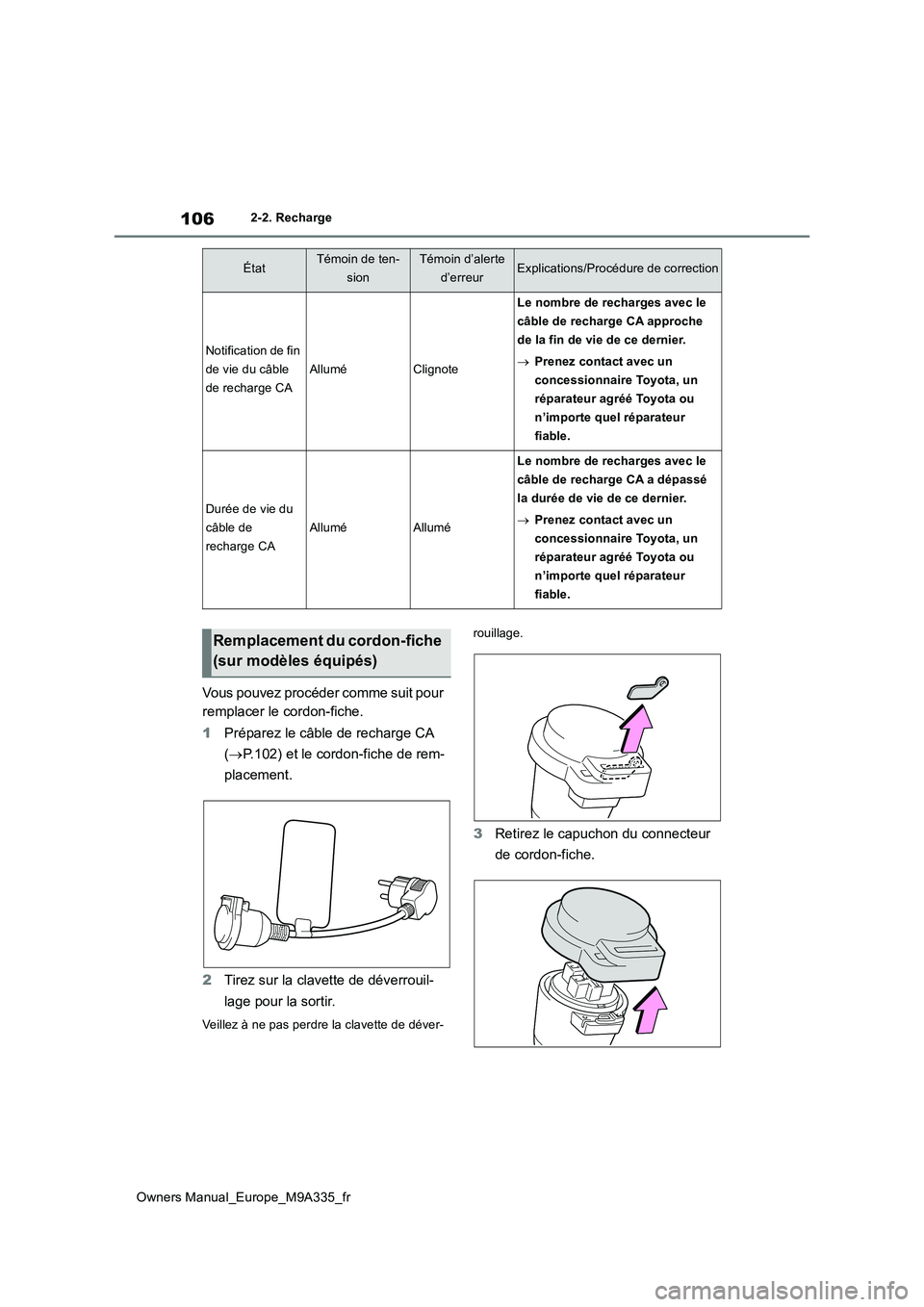 TOYOTA BZ4X 2022 Notices Demploi (in French) 106
Owners Manual_Europe_M9A335_fr
2-2. Recharge
Vous pouvez procéder comme suit pour
remplacer le cordon-fiche.
1 Préparez le câble de recharge CA
( P.102) et le cordon-fiche de rem-
plac TOYOTA BZ4X 2022 Notices Demploi (in French) 106
Owners Manual_Europe_M9A335_fr
2-2. Recharge
Vous pouvez procéder comme suit pour
remplacer le cordon-fiche.
1 Préparez le câble de recharge CA
( P.102) et le cordon-fiche de rem-
plac