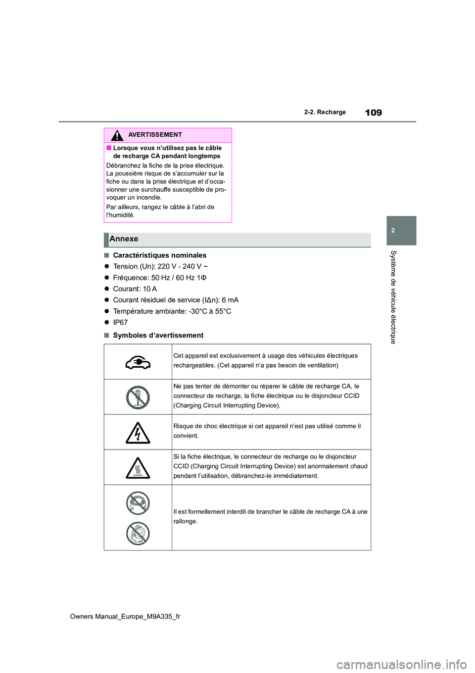TOYOTA BZ4X 2022 Notices Demploi (in French) 109
2
Owners Manual_Europe_M9A335_fr
2-2. Recharge
Système de véhicule électrique■Caractéristiques nominales
Tension (Un): 220 V - 240 V ~
Fréquence: 50 Hz / 60 Hz 1Φ
Courant: 1 TOYOTA BZ4X 2022 Notices Demploi (in French) 109
2
Owners Manual_Europe_M9A335_fr
2-2. Recharge
Système de véhicule électrique■Caractéristiques nominales
Tension (Un): 220 V - 240 V ~
Fréquence: 50 Hz / 60 Hz 1Φ
Courant: 1