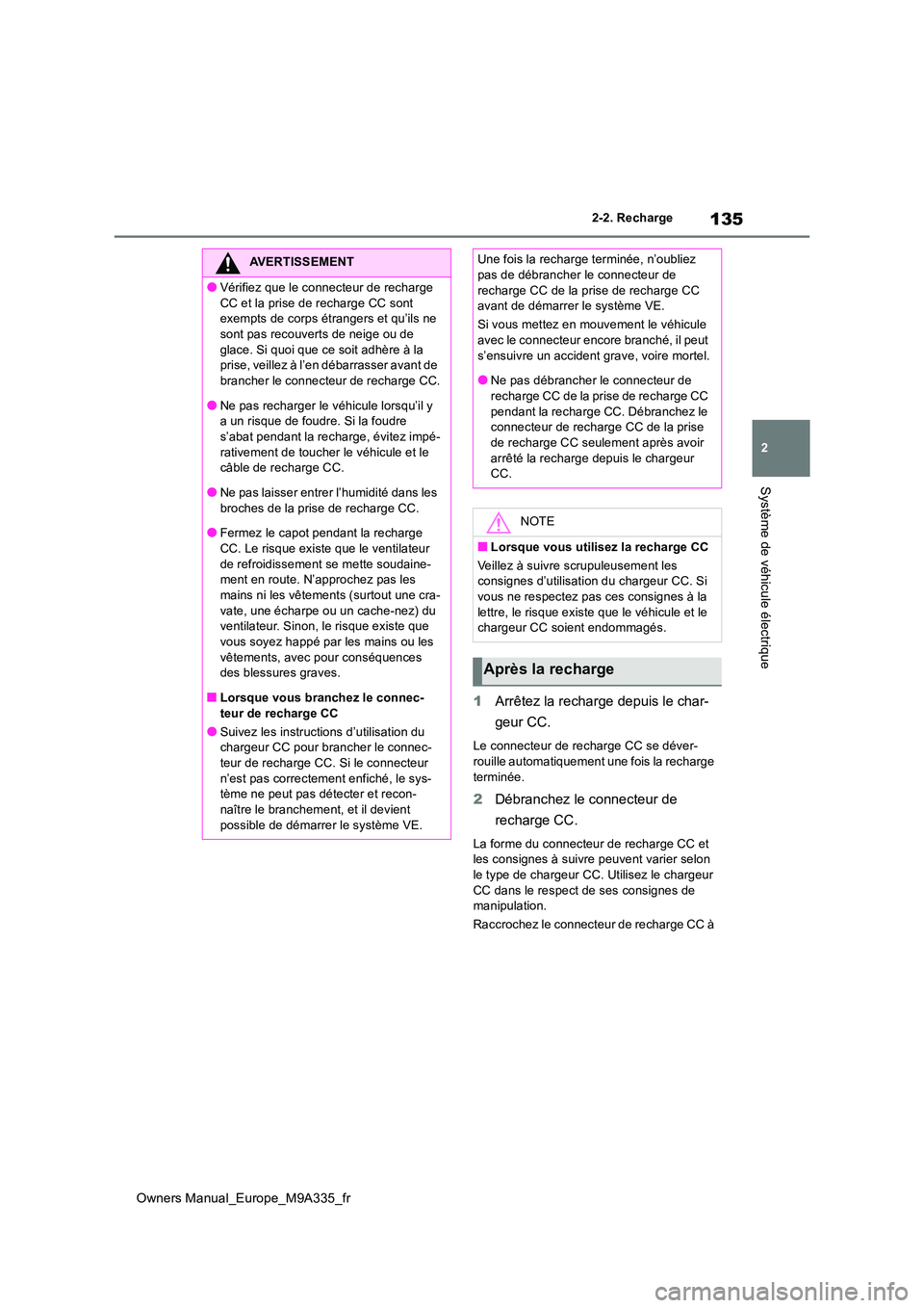 TOYOTA BZ4X 2022 Notices Demploi (in French) 135
2
Owners Manual_Europe_M9A335_fr
2-2. Recharge
Système de véhicule électrique
1Arrêtez la recharge depuis le char-
geur CC.
Le connecteur de recharge CC se déver- rouille automatiquement une TOYOTA BZ4X 2022 Notices Demploi (in French) 135
2
Owners Manual_Europe_M9A335_fr
2-2. Recharge
Système de véhicule électrique
1Arrêtez la recharge depuis le char-
geur CC.
Le connecteur de recharge CC se déver- rouille automatiquement une