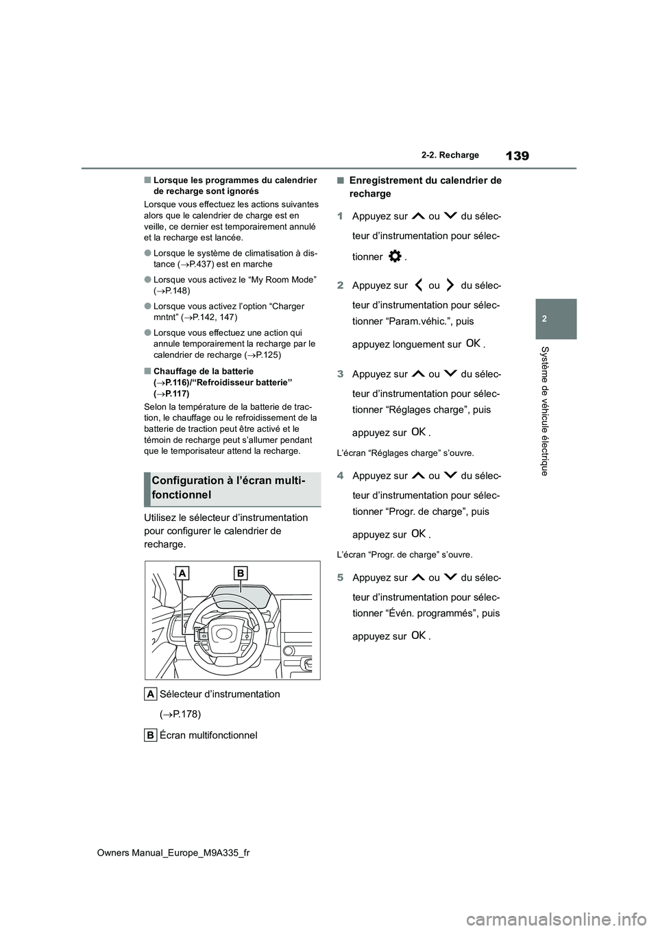 TOYOTA BZ4X 2022 Notices Demploi (in French) 139
2
Owners Manual_Europe_M9A335_fr
2-2. Recharge
Système de véhicule électrique
■Lorsque les programmes du calendrier de recharge sont ignorés
Lorsque vous effectuez l es actions suivantes TOYOTA BZ4X 2022 Notices Demploi (in French) 139
2
Owners Manual_Europe_M9A335_fr
2-2. Recharge
Système de véhicule électrique
■Lorsque les programmes du calendrier de recharge sont ignorés
Lorsque vous effectuez l es actions suivantes