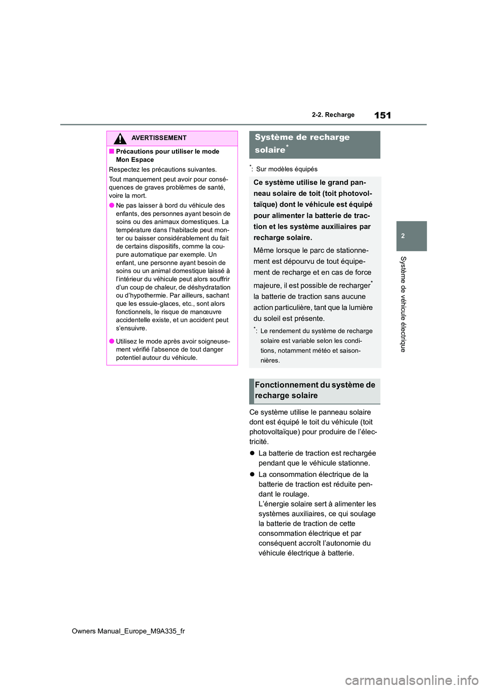 TOYOTA BZ4X 2022 Notices Demploi (in French) 151
2
Owners Manual_Europe_M9A335_fr
2-2. Recharge
Système de véhicule électrique
*: Sur modèles équipés
Ce système utilise le panneau solaire
dont est équipé le toit du véhicule (toit
ph TOYOTA BZ4X 2022 Notices Demploi (in French) 151
2
Owners Manual_Europe_M9A335_fr
2-2. Recharge
Système de véhicule électrique
*: Sur modèles équipés
Ce système utilise le panneau solaire
dont est équipé le toit du véhicule (toit
ph