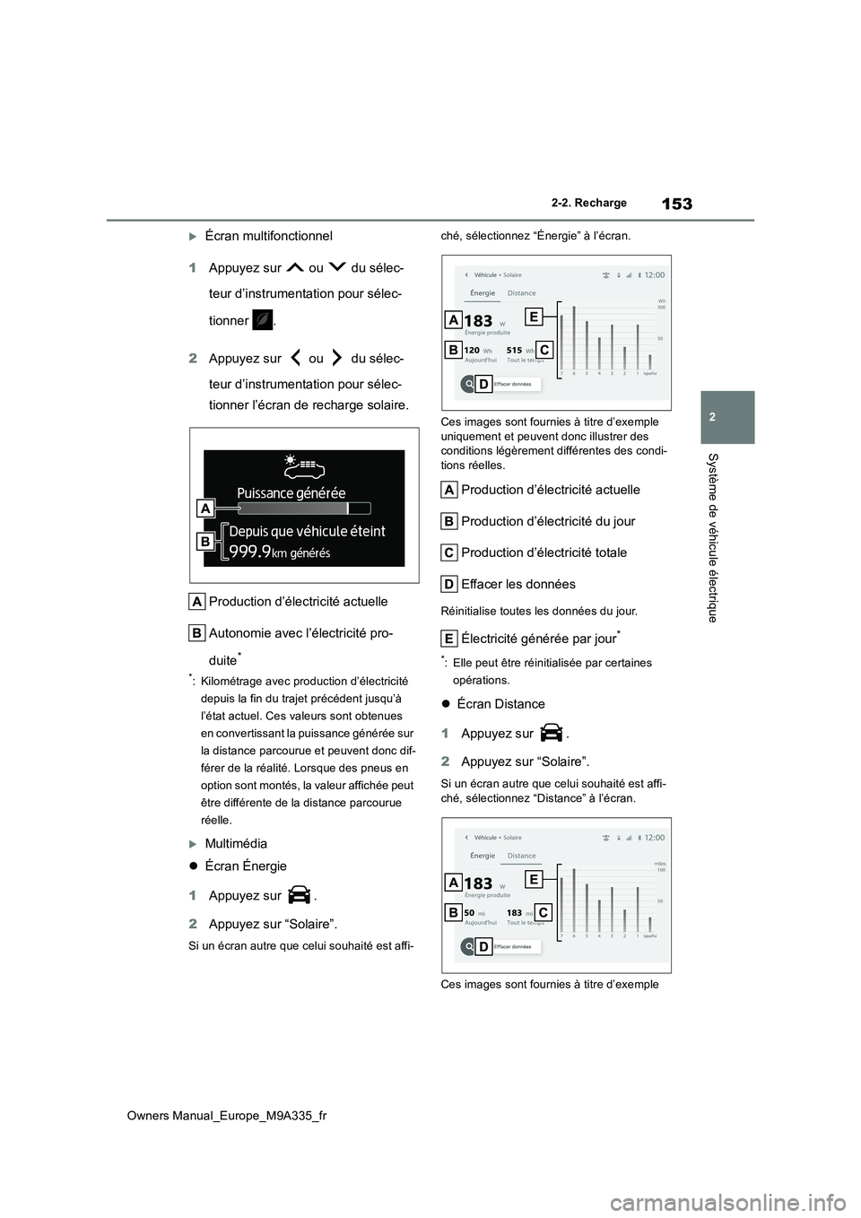 TOYOTA BZ4X 2022 Notices Demploi (in French) 153
2
Owners Manual_Europe_M9A335_fr
2-2. Recharge
Système de véhicule électrique
Écran multifonctionnel
1 Appuyez sur ou du sélec-
teur d’instrumentation pour sélec-
tionner .
2 A TOYOTA BZ4X 2022 Notices Demploi (in French) 153
2
Owners Manual_Europe_M9A335_fr
2-2. Recharge
Système de véhicule électrique
Écran multifonctionnel
1 Appuyez sur ou du sélec-
teur d’instrumentation pour sélec-
tionner .
2 A