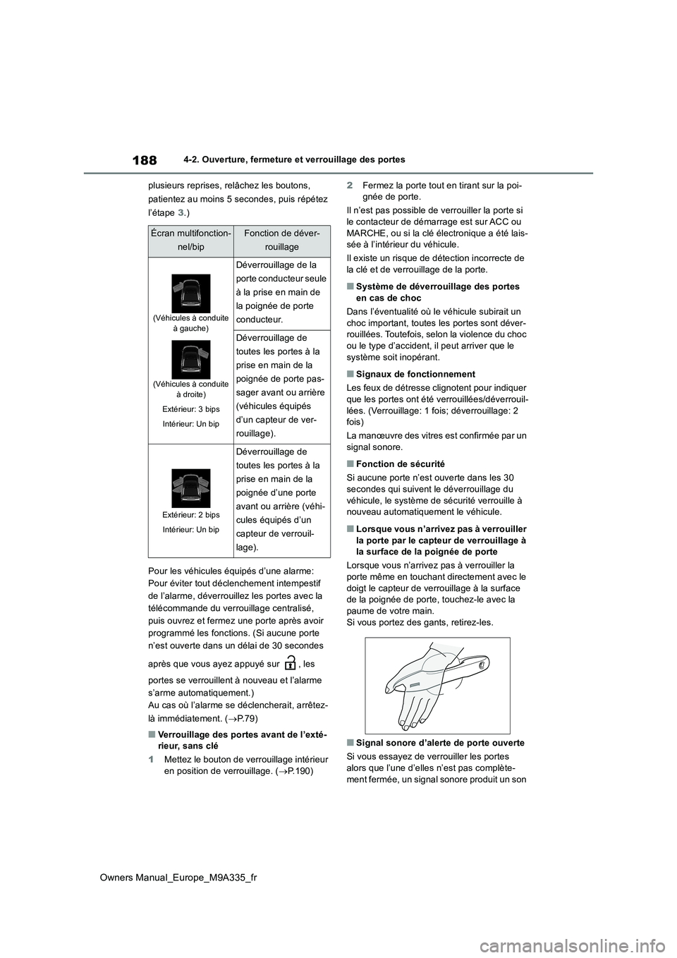 TOYOTA BZ4X 2022 Notices Demploi (in French) 188
Owners Manual_Europe_M9A335_fr
4-2. Ouverture, fermeture et verrouillage des portes
plusieurs reprises, relâchez les boutons,
patientez au moins 5 secondes, puis répétez
l’étape 3.)
Po TOYOTA BZ4X 2022 Notices Demploi (in French) 188
Owners Manual_Europe_M9A335_fr
4-2. Ouverture, fermeture et verrouillage des portes
plusieurs reprises, relâchez les boutons,
patientez au moins 5 secondes, puis répétez
l’étape 3.)
Po
