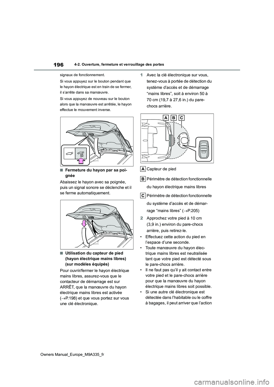TOYOTA BZ4X 2022  Notices Demploi (in French) 196
Owners Manual_Europe_M9A335_fr
4-2. Ouverture, fermeture et verrouillage des portes 
signaux de fonctionnement. 
Si vous appuyez sur le bouton pendant que  
le hayon électrique est en train de se
