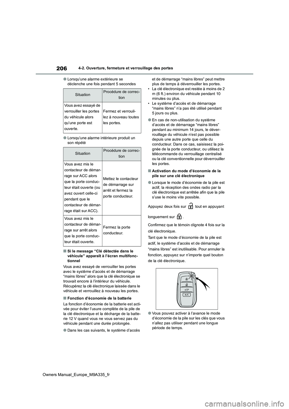 TOYOTA BZ4X 2022 Notices Demploi (in French) 206
Owners Manual_Europe_M9A335_fr
4-2. Ouverture, fermeture et verrouillage des portes
●Lorsqu’une alarme extérieure se déclenche une fois pendant 5 secondes
●Lorsqu’une alarme intérieure TOYOTA BZ4X 2022 Notices Demploi (in French) 206
Owners Manual_Europe_M9A335_fr
4-2. Ouverture, fermeture et verrouillage des portes
●Lorsqu’une alarme extérieure se déclenche une fois pendant 5 secondes
●Lorsqu’une alarme intérieure