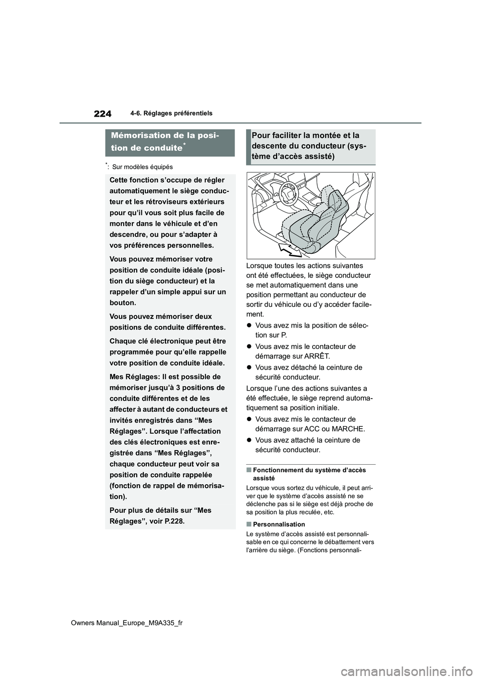 TOYOTA BZ4X 2022  Notices Demploi (in French) 224
Owners Manual_Europe_M9A335_fr
4-6. Réglages préférentiels
4-6.Réglage s p référentie ls
*: Sur modèles équipés
Lorsque toutes les actions suivantes  
ont été effectuées, le siège con