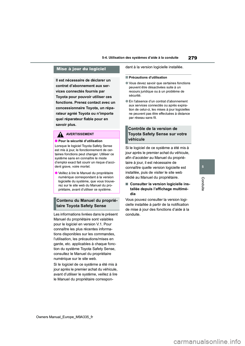 TOYOTA BZ4X 2022 Notices Demploi (in French) 279
5
Owners Manual_Europe_M9A335_fr
5-4. Utilisation des systèmes d’aide à la conduite
Conduite
5-4.Utilis ation des s ystèmes d’aide à la con duite
Les informations livrées dans le présen TOYOTA BZ4X 2022 Notices Demploi (in French) 279
5
Owners Manual_Europe_M9A335_fr
5-4. Utilisation des systèmes d’aide à la conduite
Conduite
5-4.Utilis ation des s ystèmes d’aide à la con duite
Les informations livrées dans le présen