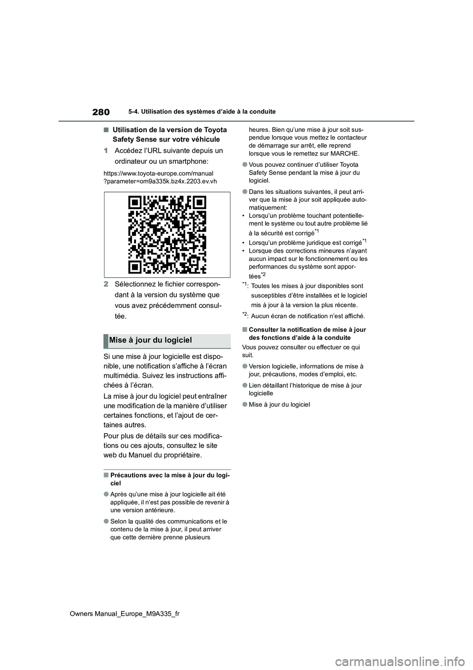 TOYOTA BZ4X 2022 Notices Demploi (in French) 280
Owners Manual_Europe_M9A335_fr
5-4. Utilisation des systèmes d’aide à la conduite
■Utilisation de la version de Toyota
Safety Sense sur votre véhicule
1 Accédez l’URL suivante depuis TOYOTA BZ4X 2022 Notices Demploi (in French) 280
Owners Manual_Europe_M9A335_fr
5-4. Utilisation des systèmes d’aide à la conduite
■Utilisation de la version de Toyota
Safety Sense sur votre véhicule
1 Accédez l’URL suivante depuis