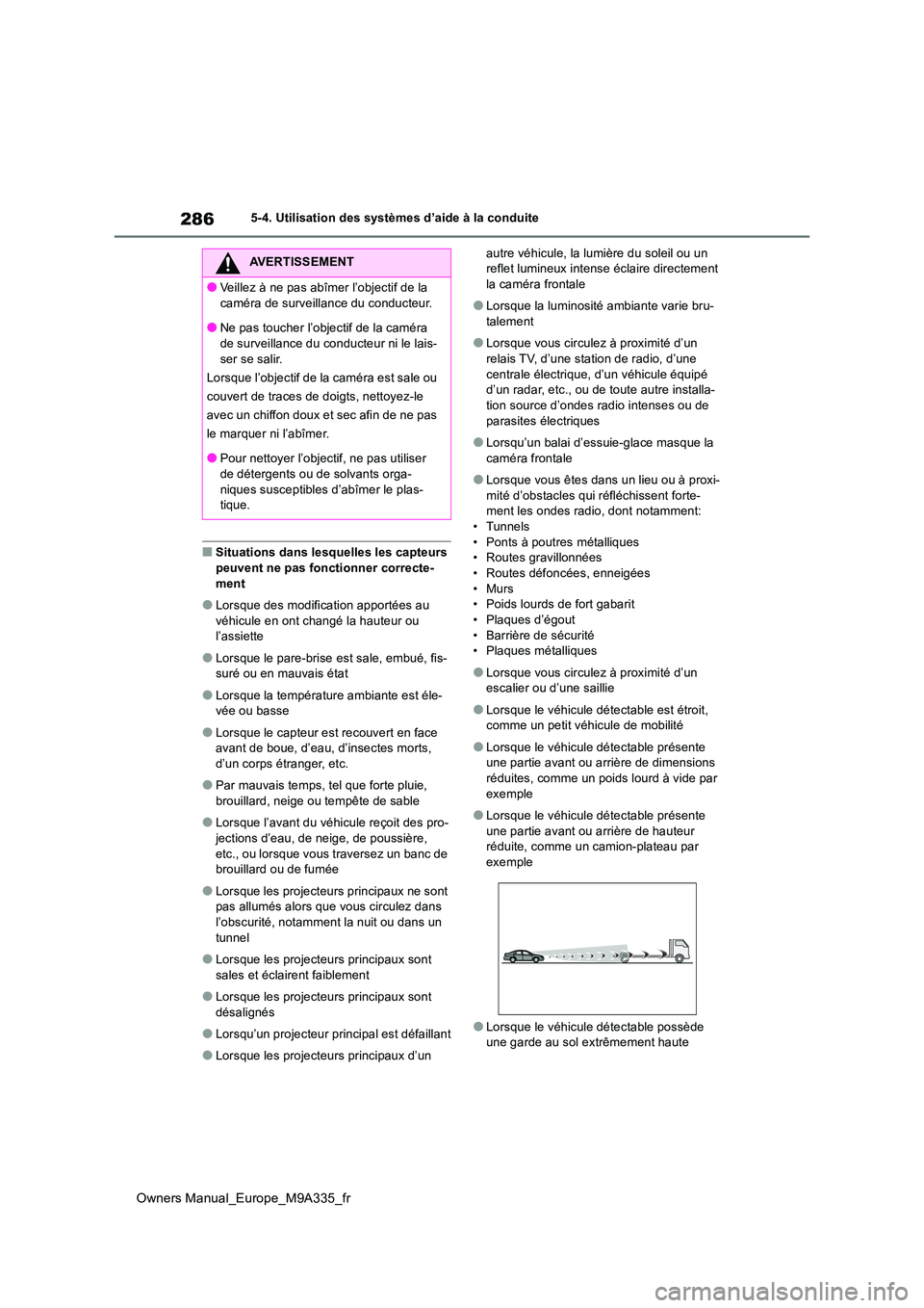TOYOTA BZ4X 2022 Notices Demploi (in French) 286
Owners Manual_Europe_M9A335_fr
5-4. Utilisation des systèmes d’aide à la conduite
â– Situations dans lesquelles les capteurs
peuvent ne pas fonctionner correcte- ment
â—Lorsque des modifica TOYOTA BZ4X 2022 Notices Demploi (in French) 286
Owners Manual_Europe_M9A335_fr
5-4. Utilisation des systèmes d’aide à la conduite
â– Situations dans lesquelles les capteurs
peuvent ne pas fonctionner correcte- ment
â—Lorsque des modifica