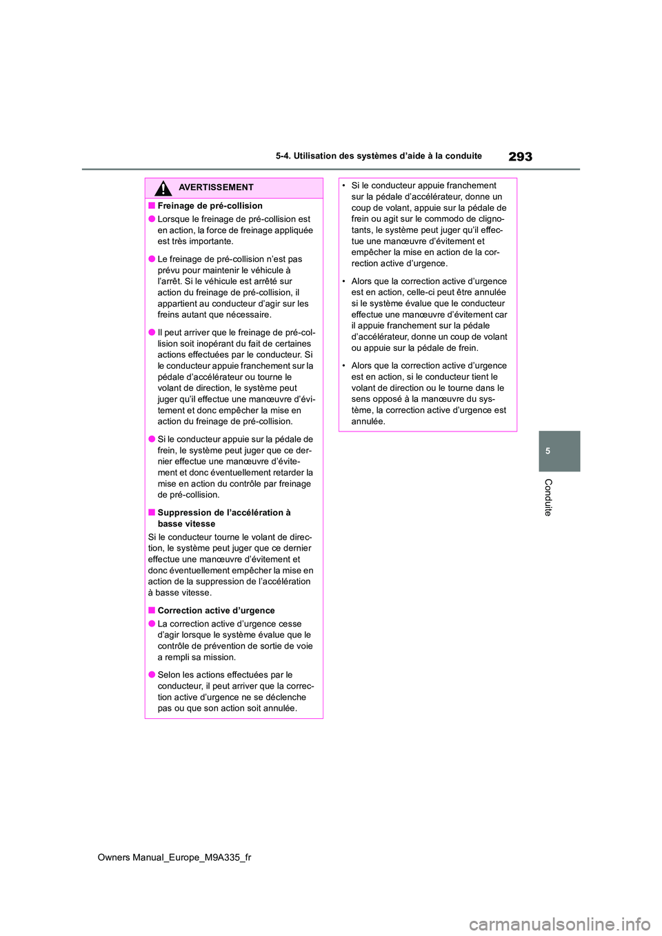 TOYOTA BZ4X 2022 Notices Demploi (in French) 293
5
Owners Manual_Europe_M9A335_fr
5-4. Utilisation des systèmes d’aide à la conduite
Conduite
AVERTISSEMENT
■Freinage de pré-collision
●Lorsque le freinage de pré-collision est
en actio TOYOTA BZ4X 2022 Notices Demploi (in French) 293
5
Owners Manual_Europe_M9A335_fr
5-4. Utilisation des systèmes d’aide à la conduite
Conduite
AVERTISSEMENT
■Freinage de pré-collision
●Lorsque le freinage de pré-collision est
en actio