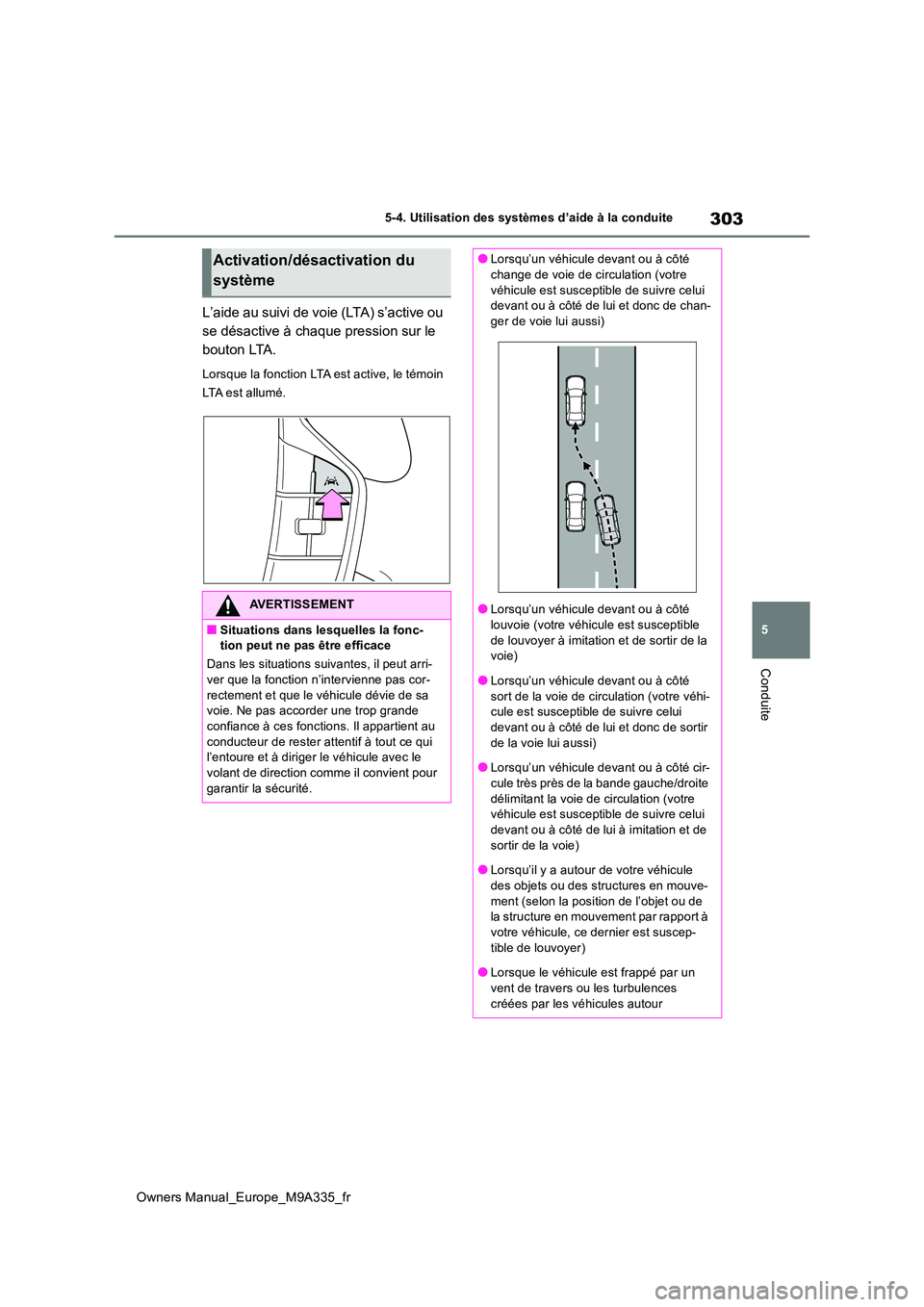 TOYOTA BZ4X 2022 Notices Demploi (in French) 303
5
Owners Manual_Europe_M9A335_fr
5-4. Utilisation des systèmes d’aide à la conduite
Conduite
L’aide au suivi de voie (LTA) s’active ou
se désactive à chaque pression sur le
bouton LTA TOYOTA BZ4X 2022 Notices Demploi (in French) 303
5
Owners Manual_Europe_M9A335_fr
5-4. Utilisation des systèmes d’aide à la conduite
Conduite
L’aide au suivi de voie (LTA) s’active ou
se désactive à chaque pression sur le
bouton LTA