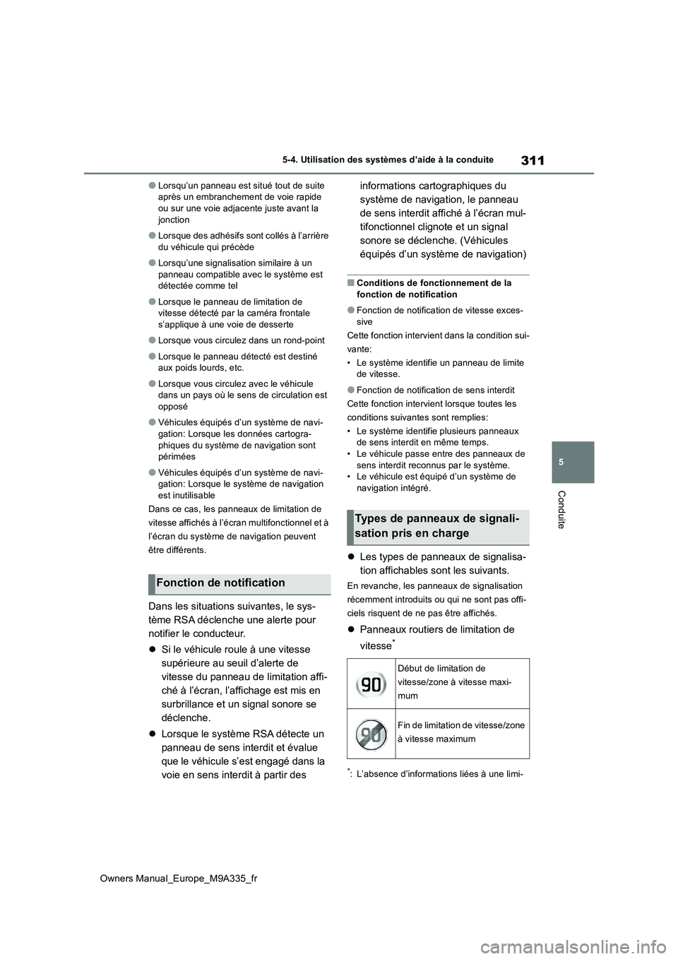 TOYOTA BZ4X 2022 Notices Demploi (in French) 311
5
Owners Manual_Europe_M9A335_fr
5-4. Utilisation des systèmes d’aide à la conduite
Conduite
●Lorsqu’un panneau est situé tout de suite après un embranchement de voie rapide ou sur une TOYOTA BZ4X 2022 Notices Demploi (in French) 311
5
Owners Manual_Europe_M9A335_fr
5-4. Utilisation des systèmes d’aide à la conduite
Conduite
●Lorsqu’un panneau est situé tout de suite après un embranchement de voie rapide ou sur une