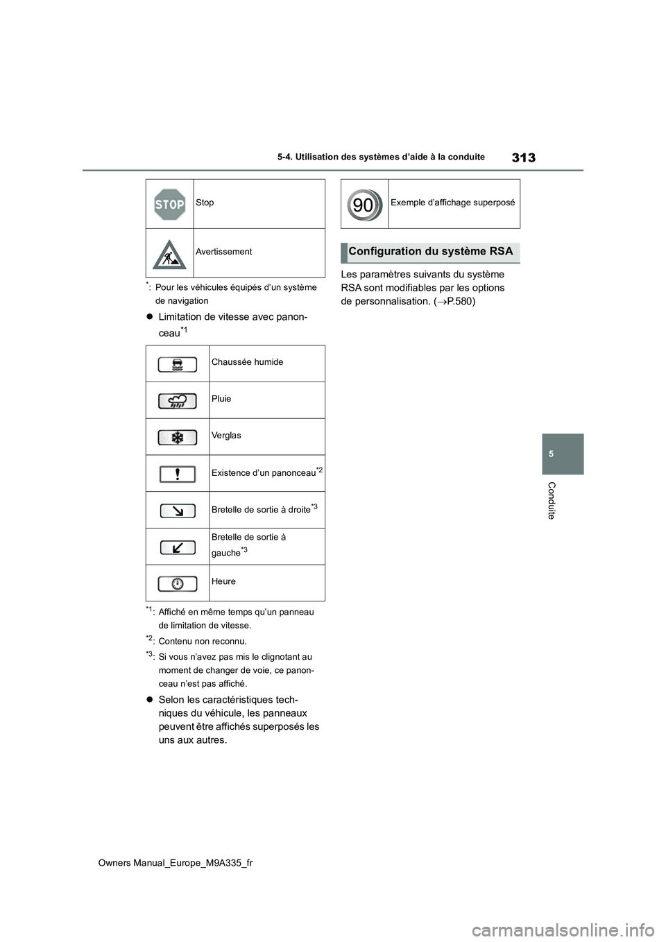 TOYOTA BZ4X 2022 Notices Demploi (in French) 313
5
Owners Manual_Europe_M9A335_fr
5-4. Utilisation des systèmes d’aide à la conduite
Conduite
*: Pour les véhicules équipés d’un système
de navigation
Limitation de vitesse avec pan TOYOTA BZ4X 2022 Notices Demploi (in French) 313
5
Owners Manual_Europe_M9A335_fr
5-4. Utilisation des systèmes d’aide à la conduite
Conduite
*: Pour les véhicules équipés d’un système
de navigation
Limitation de vitesse avec pan