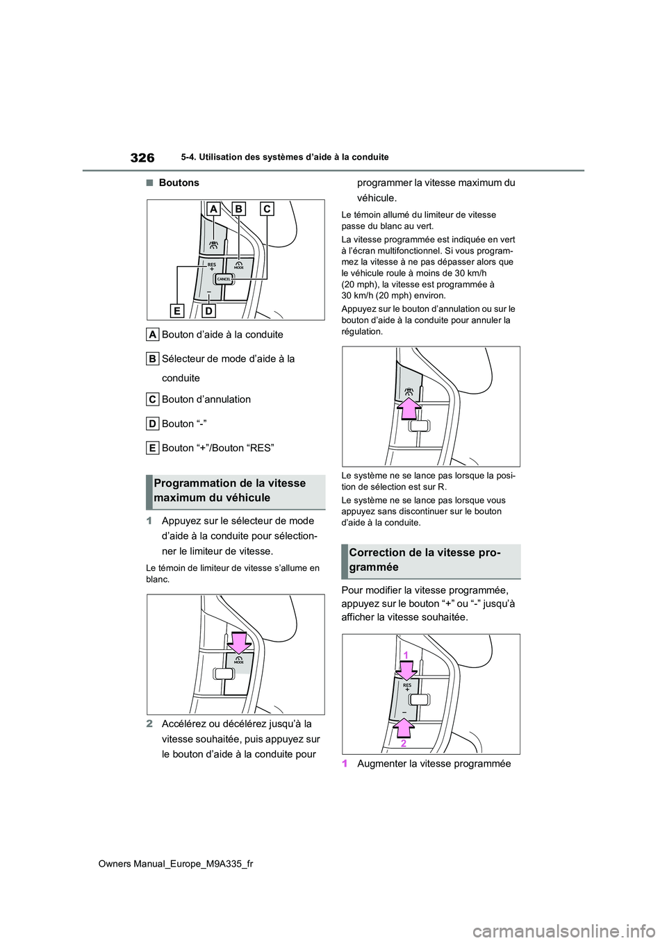 TOYOTA BZ4X 2022  Notices Demploi (in French) 326
Owners Manual_Europe_M9A335_fr
5-4. Utilisation des systèmes d’aide à la conduite
■Boutons 
Bouton d’aide à la conduite 
Sélecteur de mode d’aide à la  
conduite 
Bouton d’annulatio