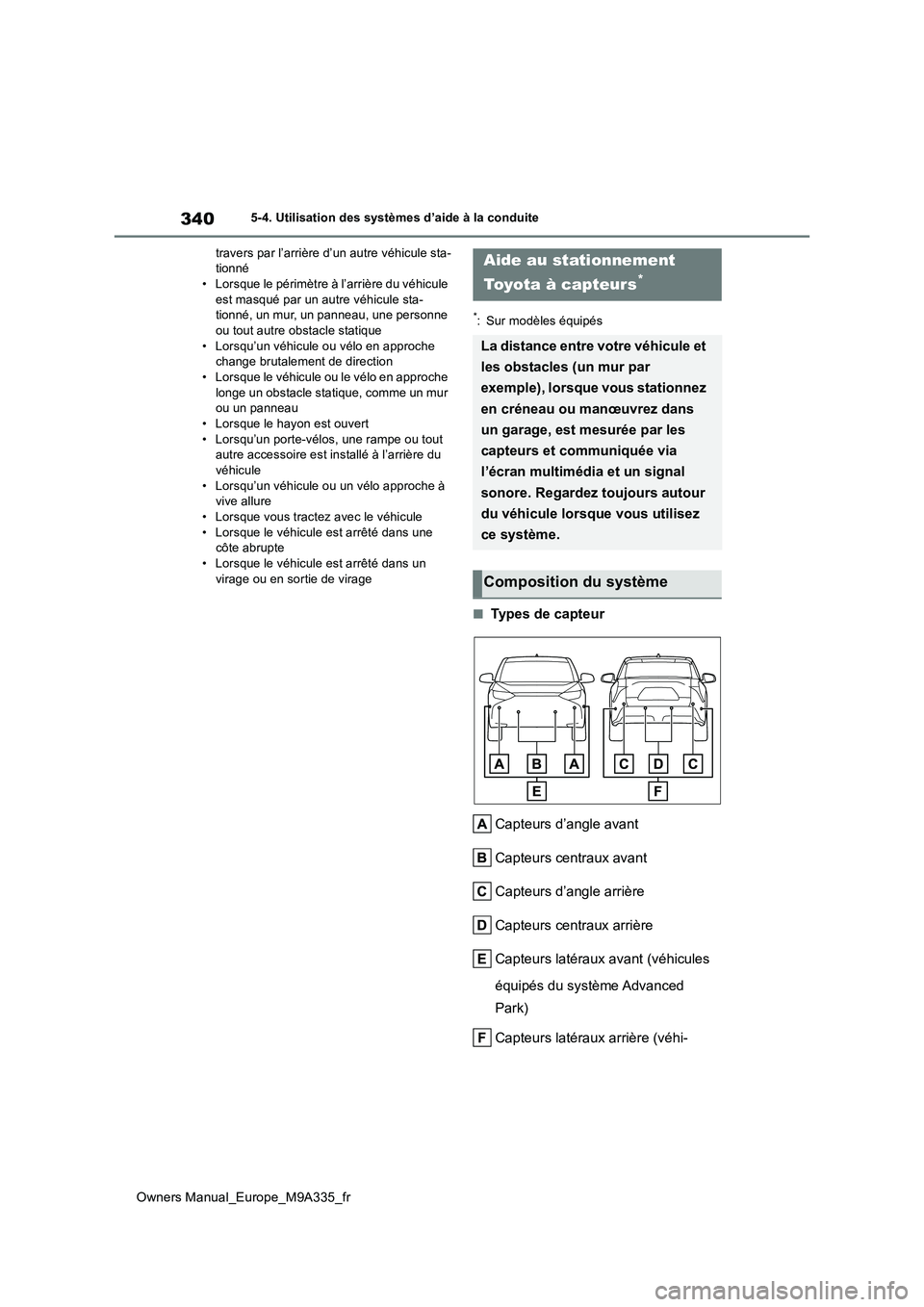 TOYOTA BZ4X 2022  Notices Demploi (in French) 340
Owners Manual_Europe_M9A335_fr
5-4. Utilisation des systèmes d’aide à la conduite 
travers par l’arrière d’un autre véhicule sta- tionné• Lorsque le périmètre à l’arrière du vé
