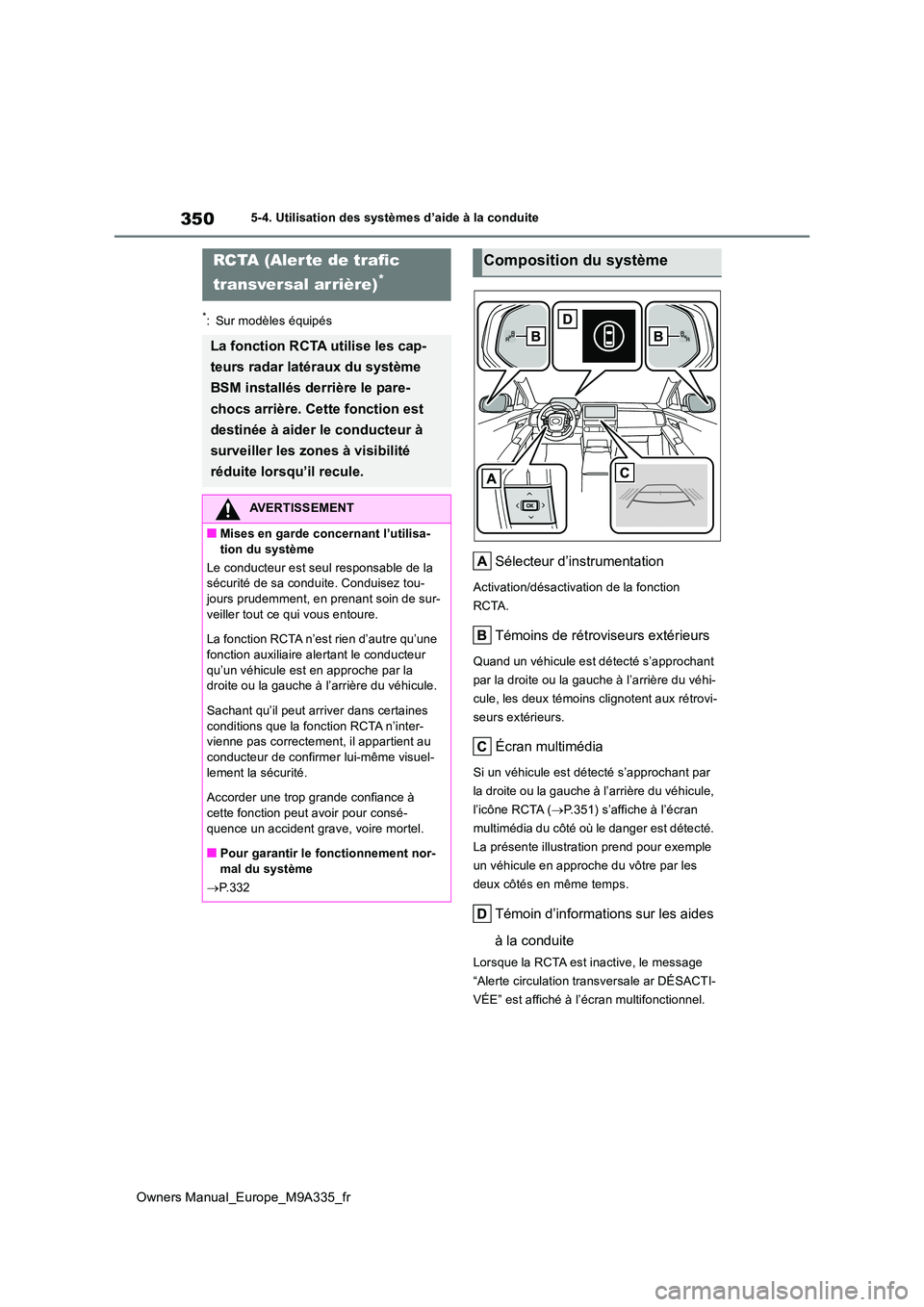 TOYOTA BZ4X 2022 Notices Demploi (in French) 350
Owners Manual_Europe_M9A335_fr
5-4. Utilisation des systèmes d’aide à la conduite
*: Sur modèles équipés
Sélecteur d’instrumentation
Activation/désactivation de la fonction
RCTA.
Tém TOYOTA BZ4X 2022 Notices Demploi (in French) 350
Owners Manual_Europe_M9A335_fr
5-4. Utilisation des systèmes d’aide à la conduite
*: Sur modèles équipés
Sélecteur d’instrumentation
Activation/désactivation de la fonction
RCTA.
Tém