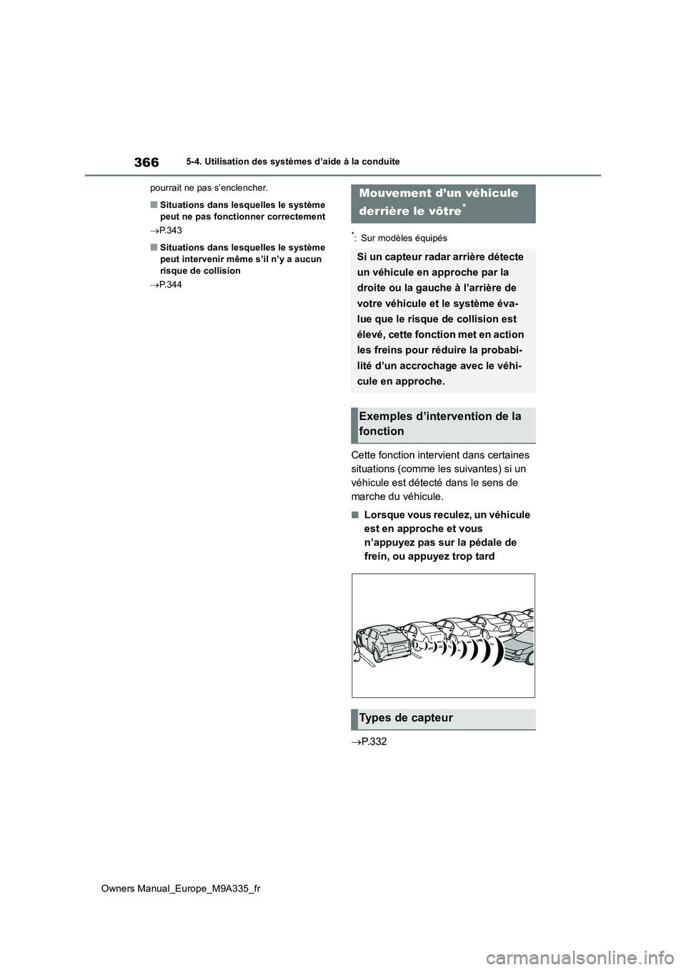 TOYOTA BZ4X 2022 Notices Demploi (in French) 366
Owners Manual_Europe_M9A335_fr
5-4. Utilisation des systèmes d’aide à la conduite
pourrait ne pas s’enclencher.
■Situations dans lesquelles le système peut ne pas fonctionner correcteme TOYOTA BZ4X 2022 Notices Demploi (in French) 366
Owners Manual_Europe_M9A335_fr
5-4. Utilisation des systèmes d’aide à la conduite
pourrait ne pas s’enclencher.
■Situations dans lesquelles le système peut ne pas fonctionner correcteme