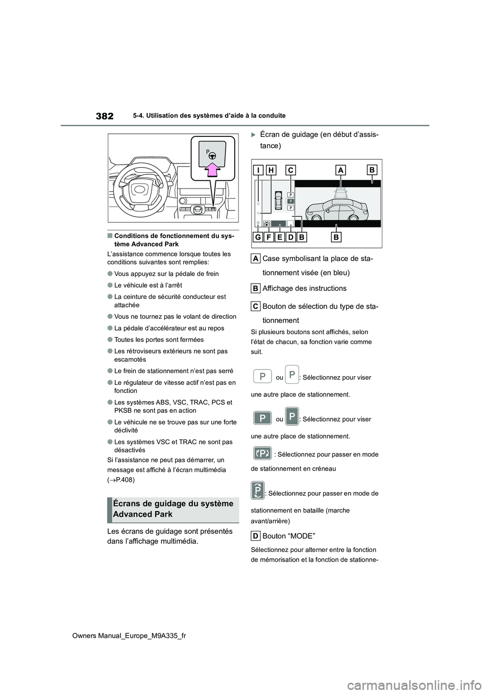TOYOTA BZ4X 2022 Notices Demploi (in French) 382
Owners Manual_Europe_M9A335_fr
5-4. Utilisation des systèmes d’aide à la conduite
■Conditions de fonctionnement du sys- tème Advanced Park
L’assistance commence lorsque toutes les condi TOYOTA BZ4X 2022 Notices Demploi (in French) 382
Owners Manual_Europe_M9A335_fr
5-4. Utilisation des systèmes d’aide à la conduite
■Conditions de fonctionnement du sys- tème Advanced Park
L’assistance commence lorsque toutes les condi