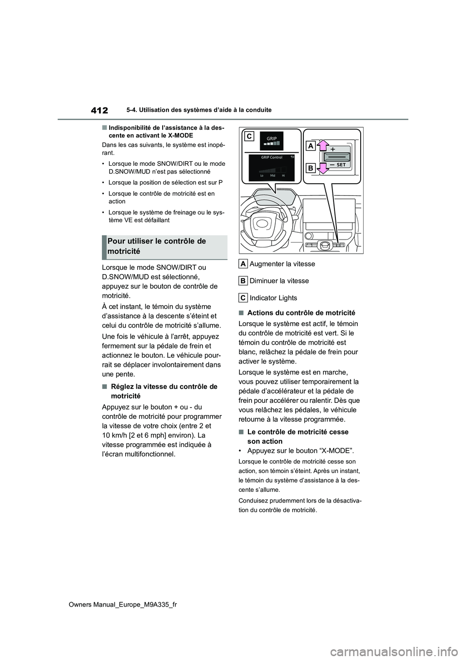 TOYOTA BZ4X 2022 Notices Demploi (in French) 412
Owners Manual_Europe_M9A335_fr
5-4. Utilisation des systèmes d’aide à la conduite
■Indisponibilité de l’assistance à la des- cente en activant le X-MODE
Dans les cas suivants, le systè TOYOTA BZ4X 2022 Notices Demploi (in French) 412
Owners Manual_Europe_M9A335_fr
5-4. Utilisation des systèmes d’aide à la conduite
■Indisponibilité de l’assistance à la des- cente en activant le X-MODE
Dans les cas suivants, le systè