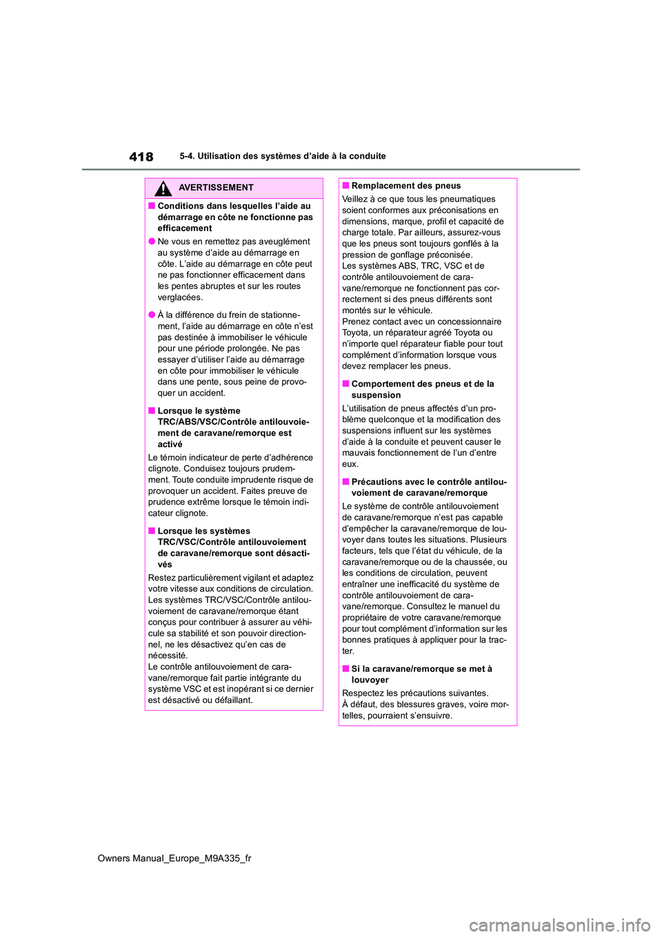 TOYOTA BZ4X 2022 Notices Demploi (in French) 418
Owners Manual_Europe_M9A335_fr
5-4. Utilisation des systèmes d’aide à la conduite
AVERTISSEMENT
■Conditions dans lesquelles l’aide au
démarrage en côte ne fonctionne pas efficacement
TOYOTA BZ4X 2022 Notices Demploi (in French) 418
Owners Manual_Europe_M9A335_fr
5-4. Utilisation des systèmes d’aide à la conduite
AVERTISSEMENT
■Conditions dans lesquelles l’aide au
démarrage en côte ne fonctionne pas efficacement