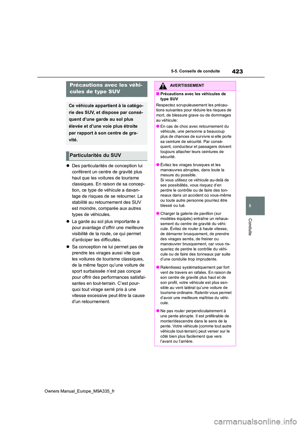 TOYOTA BZ4X 2022 Notices Demploi (in French) 423
5
Owners Manual_Europe_M9A335_fr
5-5. Conseils de conduite
Conduite
Des particularités de conception lui
confèrent un centre de gravité plus
haut que les voitures de tourisme
classiques. TOYOTA BZ4X 2022 Notices Demploi (in French) 423
5
Owners Manual_Europe_M9A335_fr
5-5. Conseils de conduite
Conduite
Des particularités de conception lui
confèrent un centre de gravité plus
haut que les voitures de tourisme
classiques.