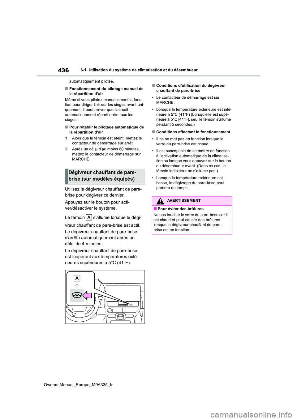 TOYOTA BZ4X 2022  Notices Demploi (in French) 436
Owners Manual_Europe_M9A335_fr
6-1. Utilisation du système de climatisation et du désembueur 
automatiquement pilotée.
■Fonctionnement du pilotage manuel de  la répartition d’air 
Même si
