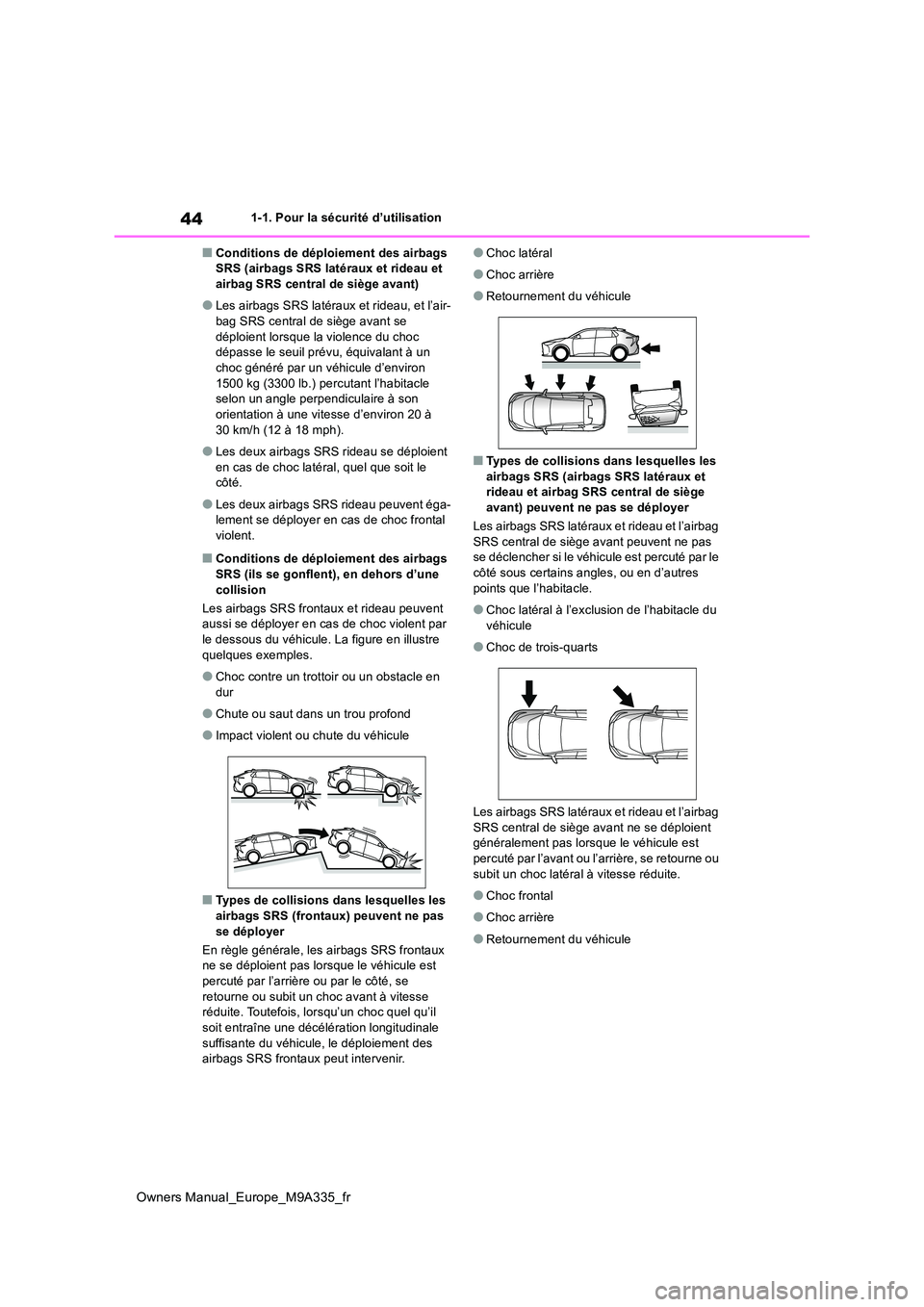 TOYOTA BZ4X 2022  Notices Demploi (in French) 44
Owners Manual_Europe_M9A335_fr
1-1. Pour la sécurité d’utilisation
■Conditions de déploiement des airbags  SRS (airbags SRS latéraux et rideau et airbag SRS central de siège avant)
●Les 