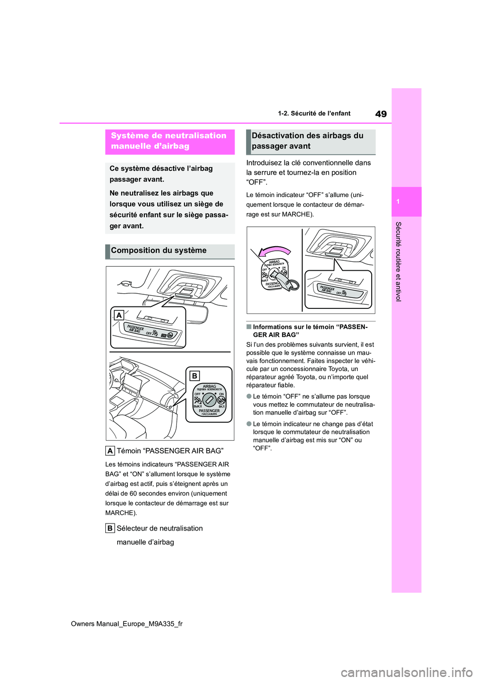 TOYOTA BZ4X 2022 Notices Demploi (in French) 49
1
Owners Manual_Europe_M9A335_fr
1-2. Sécurité de l’enfant
Sécurité routière et antivol
1-2.Sécu rité de l’e nfa nt
Témoin “PASSENGER AIR BAG”
Les témoins indicateurs “PASSENGE TOYOTA BZ4X 2022 Notices Demploi (in French) 49
1
Owners Manual_Europe_M9A335_fr
1-2. Sécurité de l’enfant
Sécurité routière et antivol
1-2.Sécu rité de l’e nfa nt
Témoin “PASSENGER AIR BAG”
Les témoins indicateurs “PASSENGE