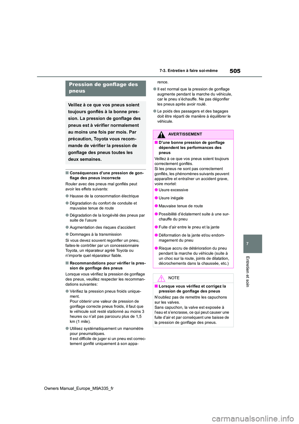 TOYOTA BZ4X 2022  Notices Demploi (in French) 505
7
Owners Manual_Europe_M9A335_fr
7-3. Entretien à faire soi-même
Entretien et soin
■Conséquences d’une pression de gon- flage des pneus incorrecte 
Rouler avec des pneus mal gonflés peut  