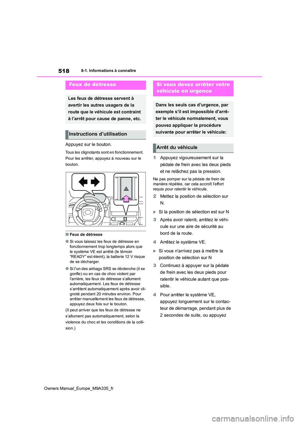 TOYOTA BZ4X 2022 Notices Demploi (in French) 518
Owners Manual_Europe_M9A335_fr
8-1. Informations à connaître
8- 1. In for m ati ons à co nnaî tr e
Appuyez sur le bouton.
Tous les clignotants sont en fonctionnement.
Pour les arrêter, ap TOYOTA BZ4X 2022 Notices Demploi (in French) 518
Owners Manual_Europe_M9A335_fr
8-1. Informations à connaître
8- 1. In for m ati ons à co nnaî tr e
Appuyez sur le bouton.
Tous les clignotants sont en fonctionnement.
Pour les arrêter, ap