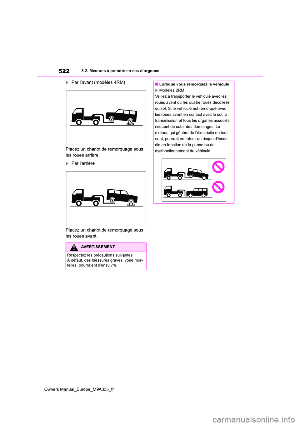 TOYOTA BZ4X 2022 Notices Demploi (in French) 522
Owners Manual_Europe_M9A335_fr
8-2. Mesures à prendre en cas d’urgence
Par l’avant (modèles 4RM)
Placez un chariot de remorquage sous
les roues arrière.
Par l’arrière
Placez un TOYOTA BZ4X 2022 Notices Demploi (in French) 522
Owners Manual_Europe_M9A335_fr
8-2. Mesures à prendre en cas d’urgence
Par l’avant (modèles 4RM)
Placez un chariot de remorquage sous
les roues arrière.
Par l’arrière
Placez un