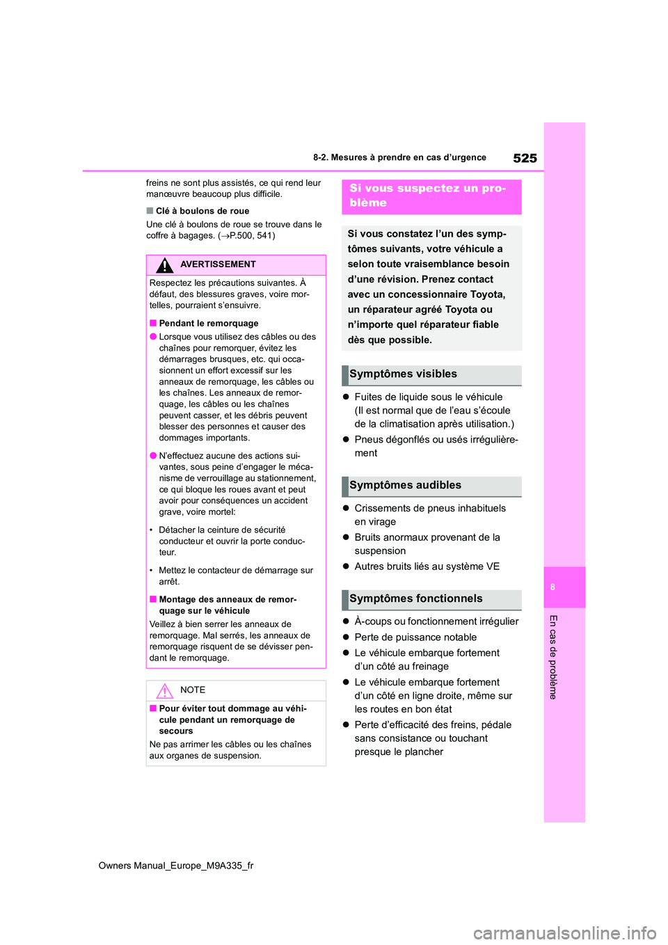 TOYOTA BZ4X 2022 Notices Demploi (in French) 525
8
Owners Manual_Europe_M9A335_fr
8-2. Mesures à prendre en cas d’urgence
En cas de problème
freins ne sont plus assistés, ce qui rend leur manœuvre beaucoup plus difficile.
■Clé à boulo TOYOTA BZ4X 2022 Notices Demploi (in French) 525
8
Owners Manual_Europe_M9A335_fr
8-2. Mesures à prendre en cas d’urgence
En cas de problème
freins ne sont plus assistés, ce qui rend leur manœuvre beaucoup plus difficile.
■Clé à boulo
