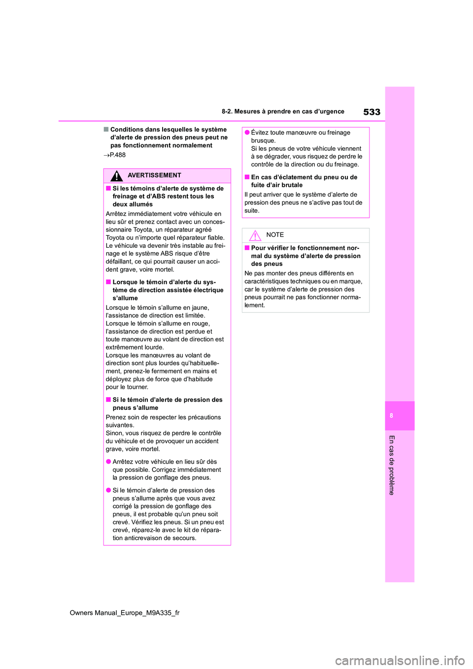 TOYOTA BZ4X 2022 Notices Demploi (in French) 533
8
Owners Manual_Europe_M9A335_fr
8-2. Mesures à prendre en cas d’urgence
En cas de problème
■Conditions dans lesquelles le système d’alerte de pression des pneus peut ne pas fonctionneme TOYOTA BZ4X 2022 Notices Demploi (in French) 533
8
Owners Manual_Europe_M9A335_fr
8-2. Mesures à prendre en cas d’urgence
En cas de problème
■Conditions dans lesquelles le système d’alerte de pression des pneus peut ne pas fonctionneme