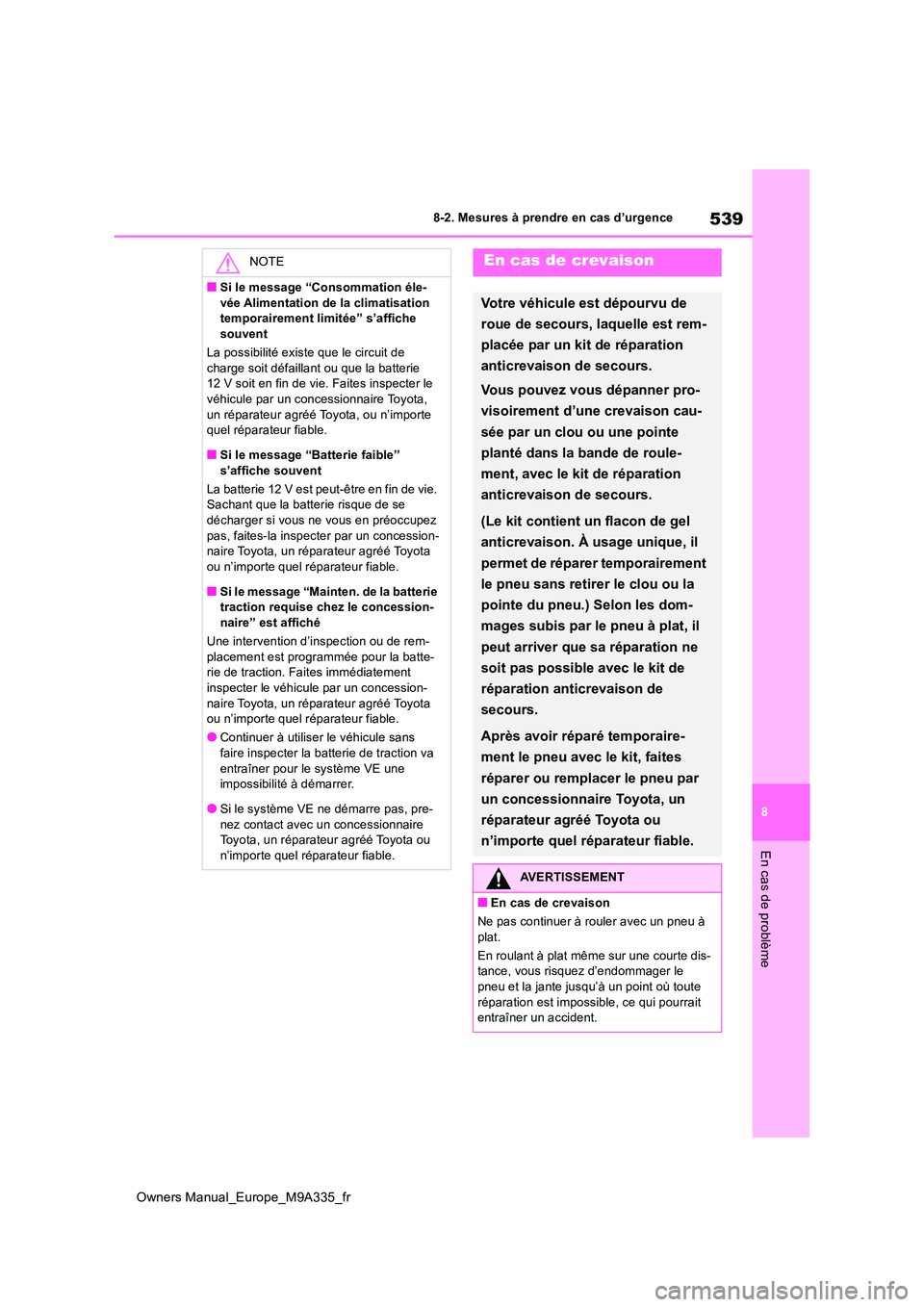 TOYOTA BZ4X 2022 Notices Demploi (in French) 539
8
Owners Manual_Europe_M9A335_fr
8-2. Mesures à prendre en cas d’urgence
En cas de problème
NOTE
■Si le message “Consommation éle-
vée Alimentation de la climatisation temporairement l TOYOTA BZ4X 2022 Notices Demploi (in French) 539
8
Owners Manual_Europe_M9A335_fr
8-2. Mesures à prendre en cas d’urgence
En cas de problème
NOTE
■Si le message “Consommation éle-
vée Alimentation de la climatisation temporairement l