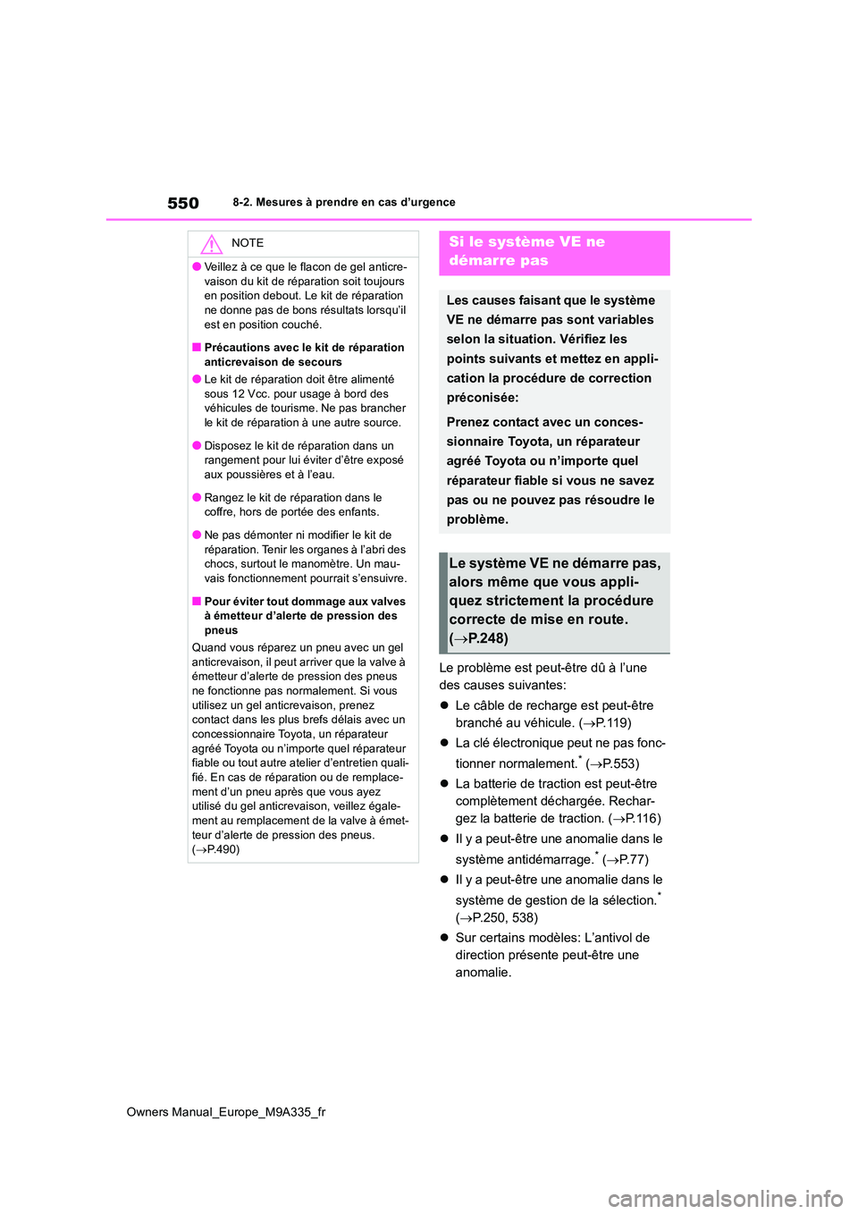 TOYOTA BZ4X 2022 Notices Demploi (in French) 550
Owners Manual_Europe_M9A335_fr
8-2. Mesures à prendre en cas d’urgence
Le problème est peut-être dû à l’une
des causes suivantes:
Le câble de recharge est peut-être
branché au TOYOTA BZ4X 2022 Notices Demploi (in French) 550
Owners Manual_Europe_M9A335_fr
8-2. Mesures à prendre en cas d’urgence
Le problème est peut-être dû à l’une
des causes suivantes:
Le câble de recharge est peut-être
branché au