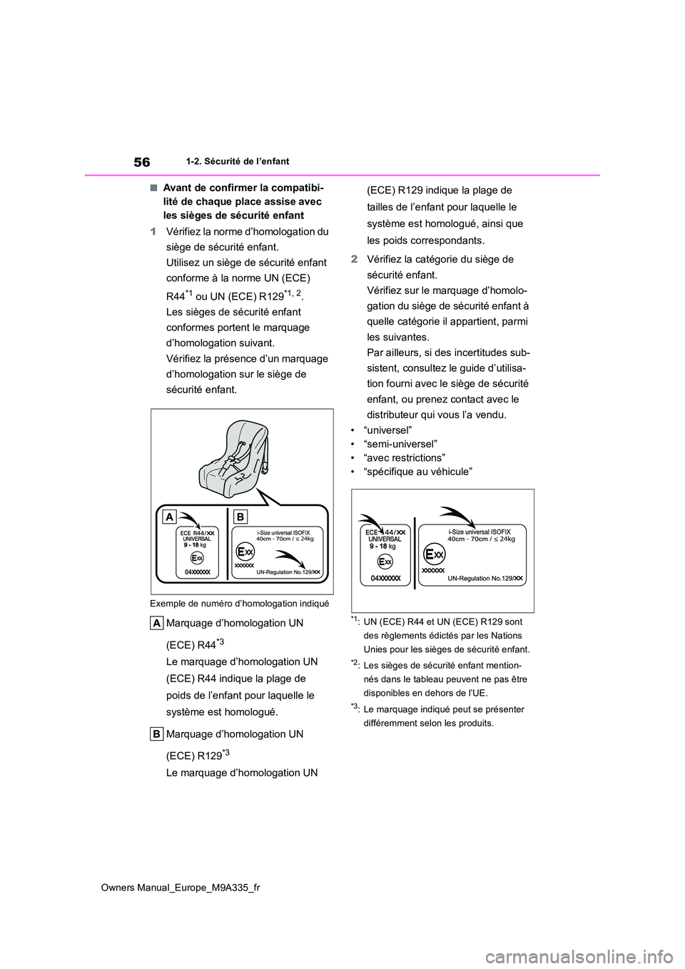 TOYOTA BZ4X 2022 Notices Demploi (in French) 56
Owners Manual_Europe_M9A335_fr
1-2. Sécurité de l’enfant
■Avant de confirmer la compatibi-
lité de chaque place assise avec
les sièges de sécurité enfant
1 Vérifiez la norme d’homol TOYOTA BZ4X 2022 Notices Demploi (in French) 56
Owners Manual_Europe_M9A335_fr
1-2. Sécurité de l’enfant
■Avant de confirmer la compatibi-
lité de chaque place assise avec
les sièges de sécurité enfant
1 Vérifiez la norme d’homol