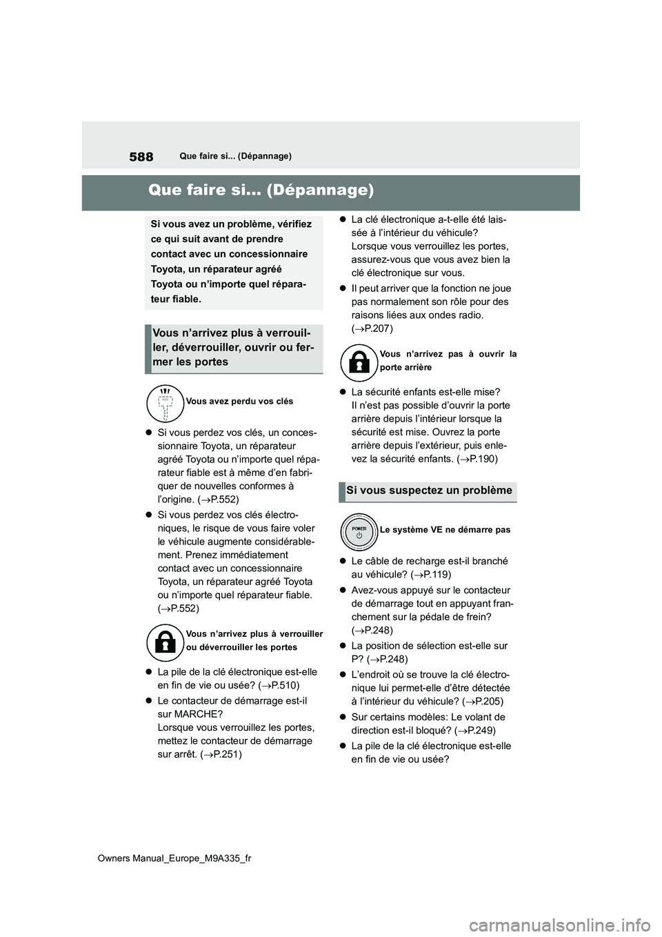 TOYOTA BZ4X 2022 Notices Demploi (in French) 588
Owners Manual_Europe_M9A335_fr
Que faire si... (Dépannage)
1-1.Que fa ire si... (Dépan nage)Que faire si... (Dépannage)
Si vous perdez vos clés, un conces-
sionnaire Toyota, un réparateur TOYOTA BZ4X 2022 Notices Demploi (in French) 588
Owners Manual_Europe_M9A335_fr
Que faire si... (Dépannage)
1-1.Que fa ire si... (Dépan nage)Que faire si... (Dépannage)
Si vous perdez vos clés, un conces-
sionnaire Toyota, un réparateur