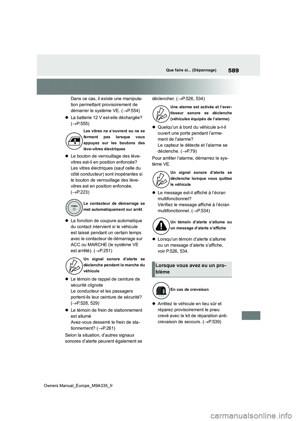 TOYOTA BZ4X 2022 Notices Demploi (in French) 589
Owners Manual_Europe_M9A335_fr
Que faire si... (Dépannage)
Dans ce cas, il existe une manipula-
tion permettant provisoirement de
démarrer le système VE. ( P.554)
La batterie 12 V est TOYOTA BZ4X 2022 Notices Demploi (in French) 589
Owners Manual_Europe_M9A335_fr
Que faire si... (Dépannage)
Dans ce cas, il existe une manipula-
tion permettant provisoirement de
démarrer le système VE. ( P.554)
La batterie 12 V est