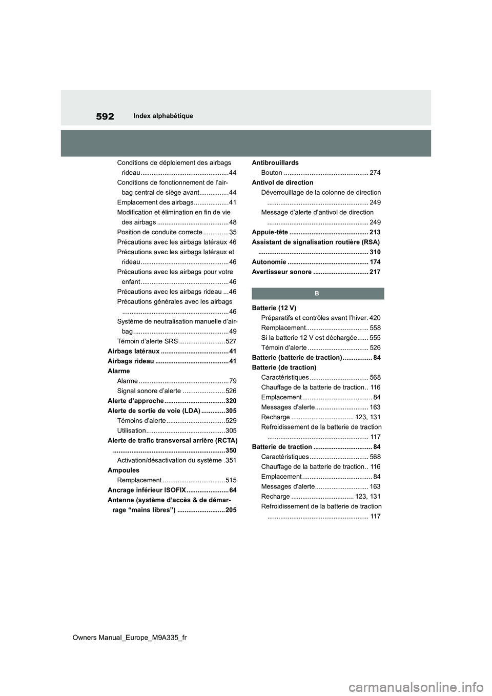 TOYOTA BZ4X 2022 Notices Demploi (in French) 592
Owners Manual_Europe_M9A335_fr
Index alphabétique
Conditions de déploiement des airbags
rideau ................................................ 44
Conditions de fonctionnement de l’air-
bag TOYOTA BZ4X 2022 Notices Demploi (in French) 592
Owners Manual_Europe_M9A335_fr
Index alphabétique
Conditions de déploiement des airbags
rideau ................................................ 44
Conditions de fonctionnement de l’air-
bag