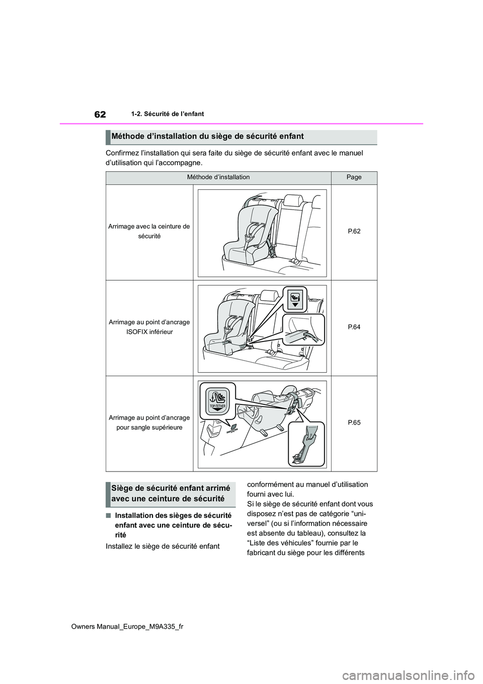 TOYOTA BZ4X 2022 Notices Demploi (in French) 62
Owners Manual_Europe_M9A335_fr
1-2. Sécurité de l’enfant
Confirmez l’installation qui sera faite du siège de sécurité enfant avec le manuel
d’utilisation qui l’accompagne.
■Install TOYOTA BZ4X 2022 Notices Demploi (in French) 62
Owners Manual_Europe_M9A335_fr
1-2. Sécurité de l’enfant
Confirmez l’installation qui sera faite du siège de sécurité enfant avec le manuel
d’utilisation qui l’accompagne.
■Install