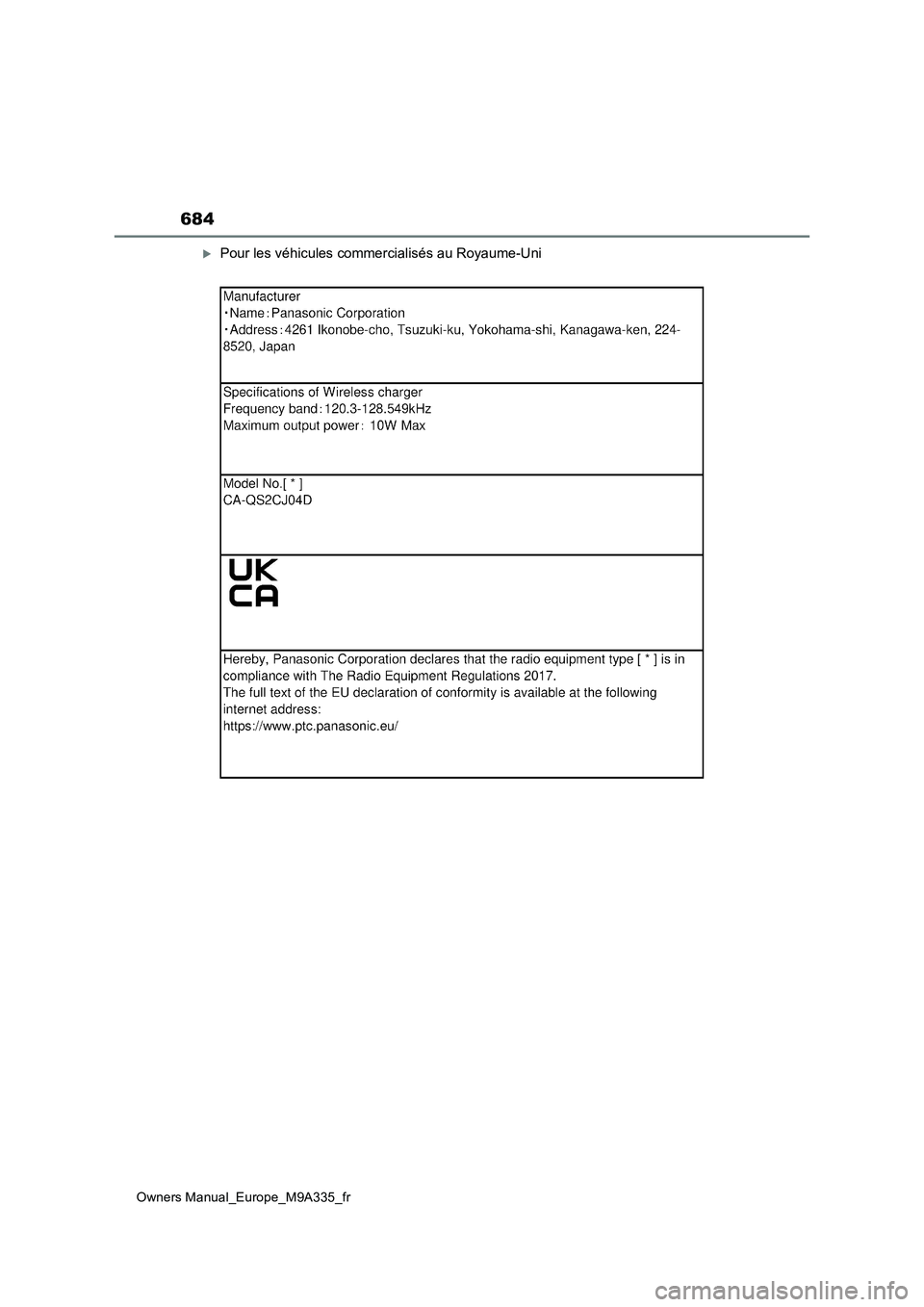 TOYOTA BZ4X 2022 Notices Demploi (in French) 684
Owners Manual_Europe_M9A335_fr
Pour les véhicules commercialisés au Royaume-Uni TOYOTA BZ4X 2022 Notices Demploi (in French) 684
Owners Manual_Europe_M9A335_fr
Pour les véhicules commercialisés au Royaume-Uni
