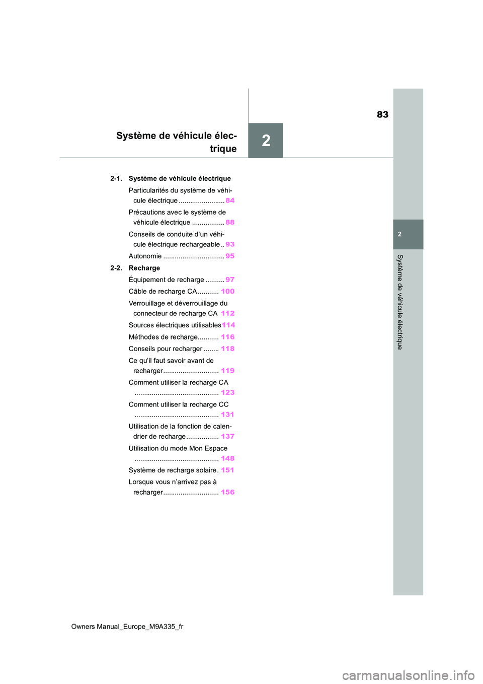 TOYOTA BZ4X 2022 Notices Demploi (in French) 2
83
Owners Manual_Europe_M9A335_fr
2
Système de véhicule électrique
Système de véhicule élec-
trique
2-1. Système de véhicule électrique
Particularités du système de véhi-
cule électr TOYOTA BZ4X 2022 Notices Demploi (in French) 2
83
Owners Manual_Europe_M9A335_fr
2
Système de véhicule électrique
Système de véhicule élec-
trique
2-1. Système de véhicule électrique
Particularités du système de véhi-
cule électr