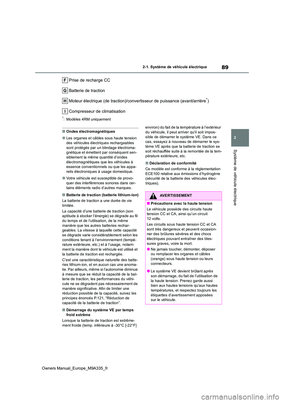 TOYOTA BZ4X 2022  Notices Demploi (in French) 89
2
Owners Manual_Europe_M9A335_fr
2-1. Système de véhicule électrique
Système de véhicule électrique
Prise de recharge CC 
Batterie de traction
Moteur électrique (de traction)/convertisseur d