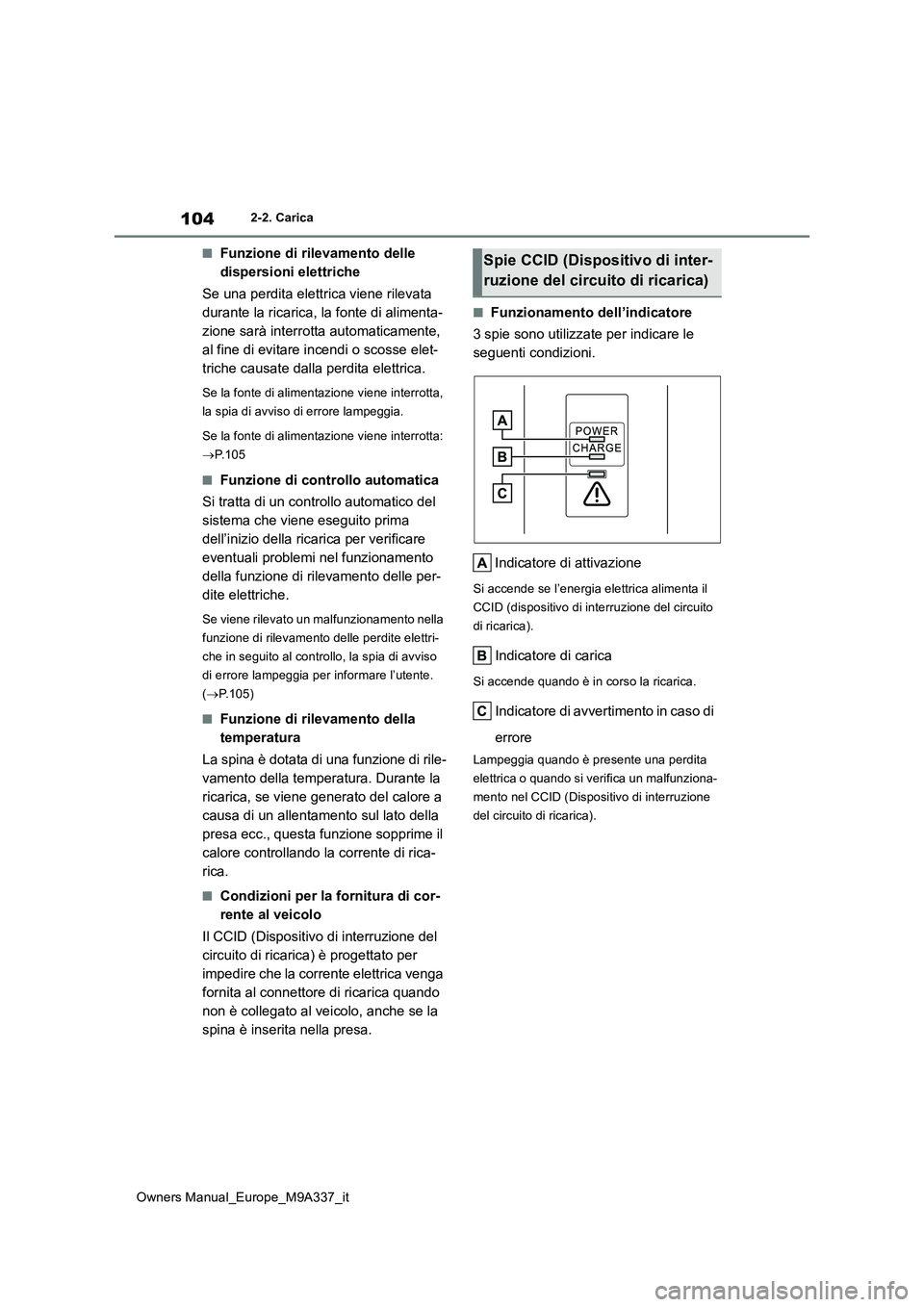 TOYOTA BZ4X 2022 Manuale duso (in Italian) 104
Owners Manual_Europe_M9A337_it
2-2. Carica
■Funzione di rilevamento delle
dispersioni elettriche
Se una perdita elettrica viene rilevata
durante la ricarica, la fonte di alimenta-
zione sar TOYOTA BZ4X 2022 Manuale duso (in Italian) 104
Owners Manual_Europe_M9A337_it
2-2. Carica
■Funzione di rilevamento delle
dispersioni elettriche
Se una perdita elettrica viene rilevata
durante la ricarica, la fonte di alimenta-
zione sar