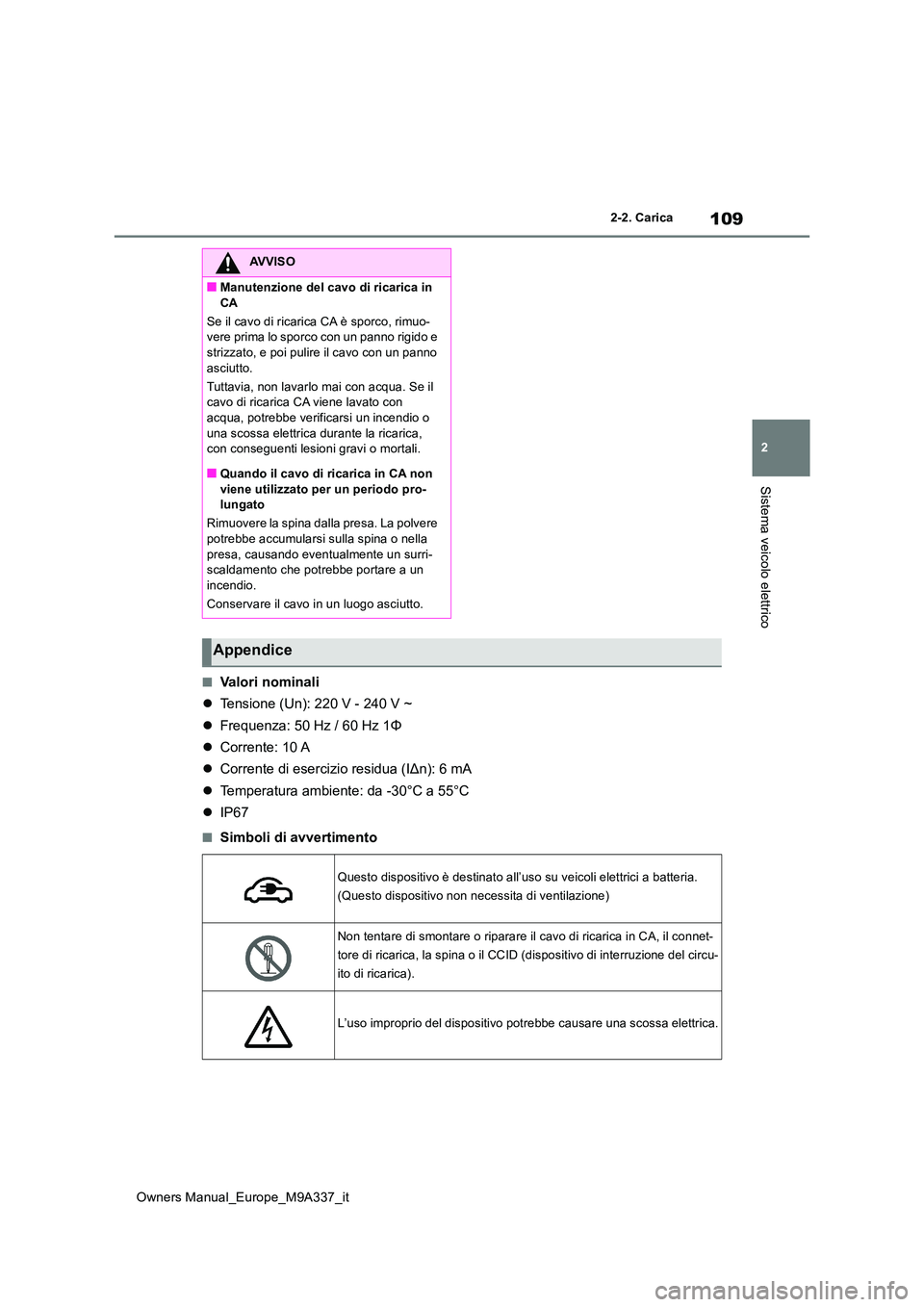 TOYOTA BZ4X 2022 Manuale duso (in Italian) 109
2
Owners Manual_Europe_M9A337_it
2-2. Carica
Sistema veicolo elettrico
■Valori nominali
Tensione (Un): 220 V - 240 V ~
Frequenza: 50 Hz / 60 Hz 1Φ
Corrente: 10 A
Corrente di TOYOTA BZ4X 2022 Manuale duso (in Italian) 109
2
Owners Manual_Europe_M9A337_it
2-2. Carica
Sistema veicolo elettrico
■Valori nominali
Tensione (Un): 220 V - 240 V ~
Frequenza: 50 Hz / 60 Hz 1Φ
Corrente: 10 A
Corrente di