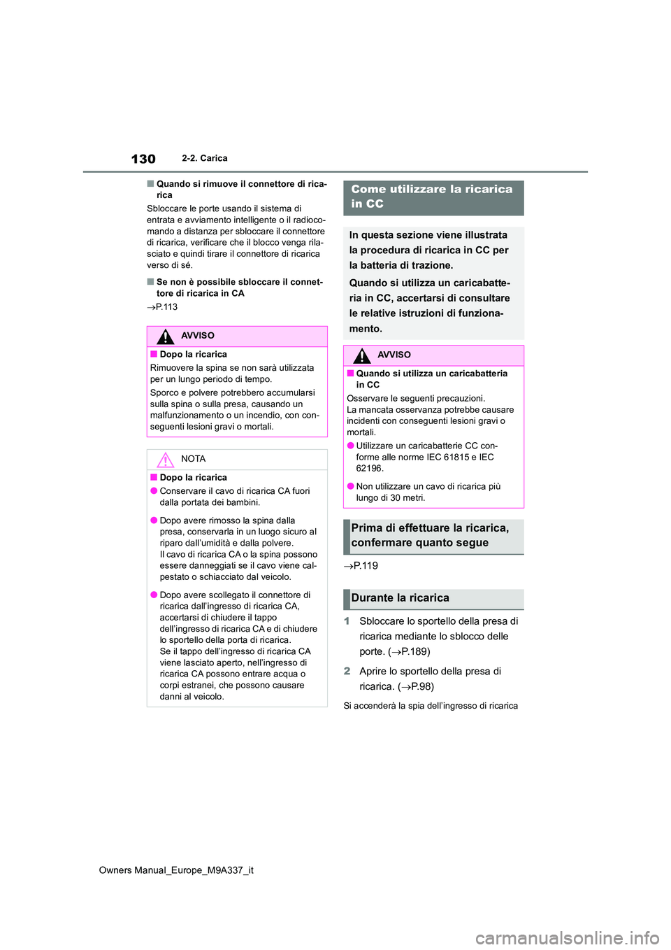 TOYOTA BZ4X 2022 Manuale duso (in Italian) 130
Owners Manual_Europe_M9A337_it
2-2. Carica
■Quando si rimuove il connettore di rica- rica
Sbloccare le porte usando il sistema di entrata e avviamento intelligente o il radioco-
mando a dista TOYOTA BZ4X 2022 Manuale duso (in Italian) 130
Owners Manual_Europe_M9A337_it
2-2. Carica
■Quando si rimuove il connettore di rica- rica
Sbloccare le porte usando il sistema di entrata e avviamento intelligente o il radioco-
mando a dista